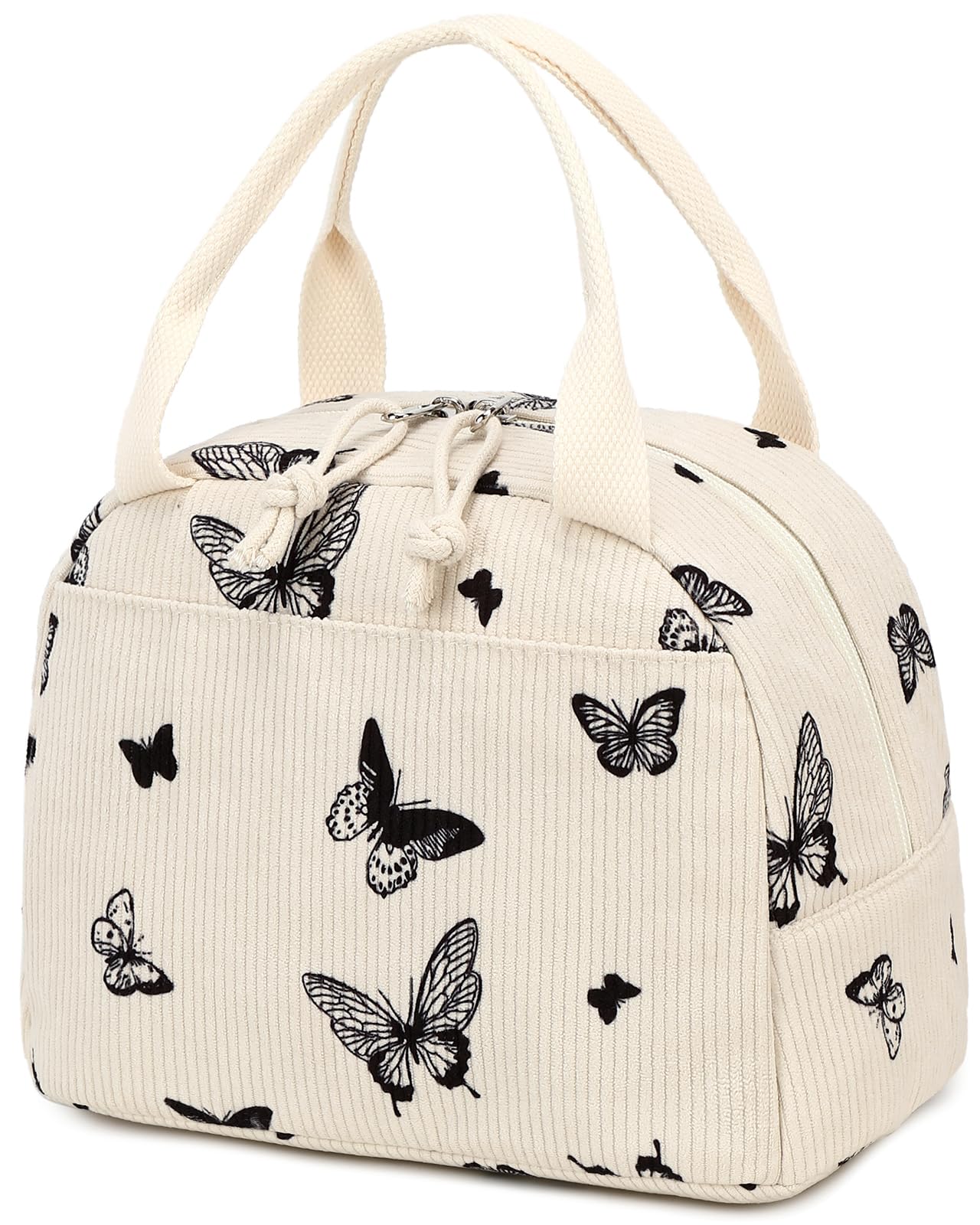 LEDAOU Lunch Box for Women Insulated Lunch Bag Corduroy Lunch Tote Bags Leakproof Cooler Lunch Case for Travel Work Picnic (Corduroy Beige-Butterfly)