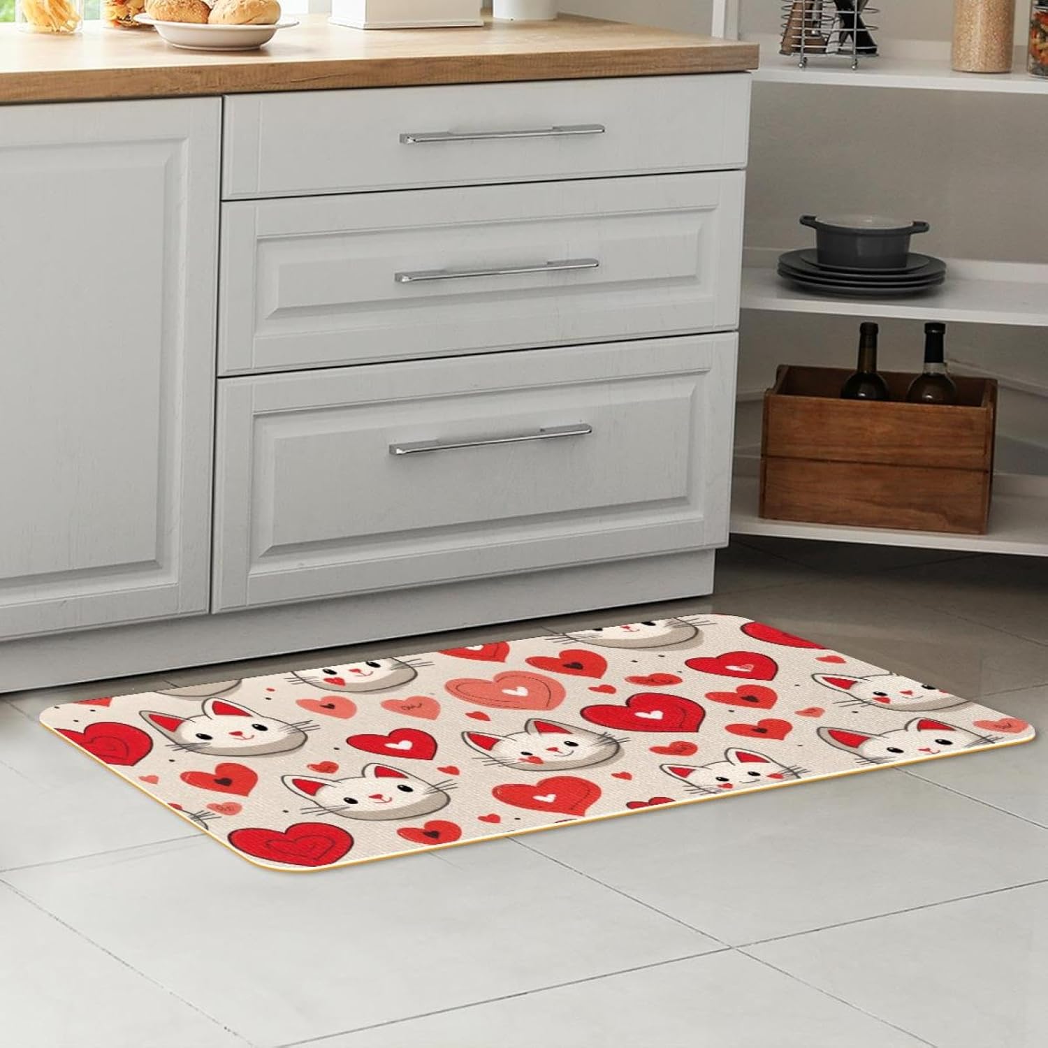 Kitchen Rugs Set of 2, Red Heart Cute Cats Head Kitchen Mats for Floor Washable, Kitchen Floor Runner Mat Cushioned Anti Fatigue
