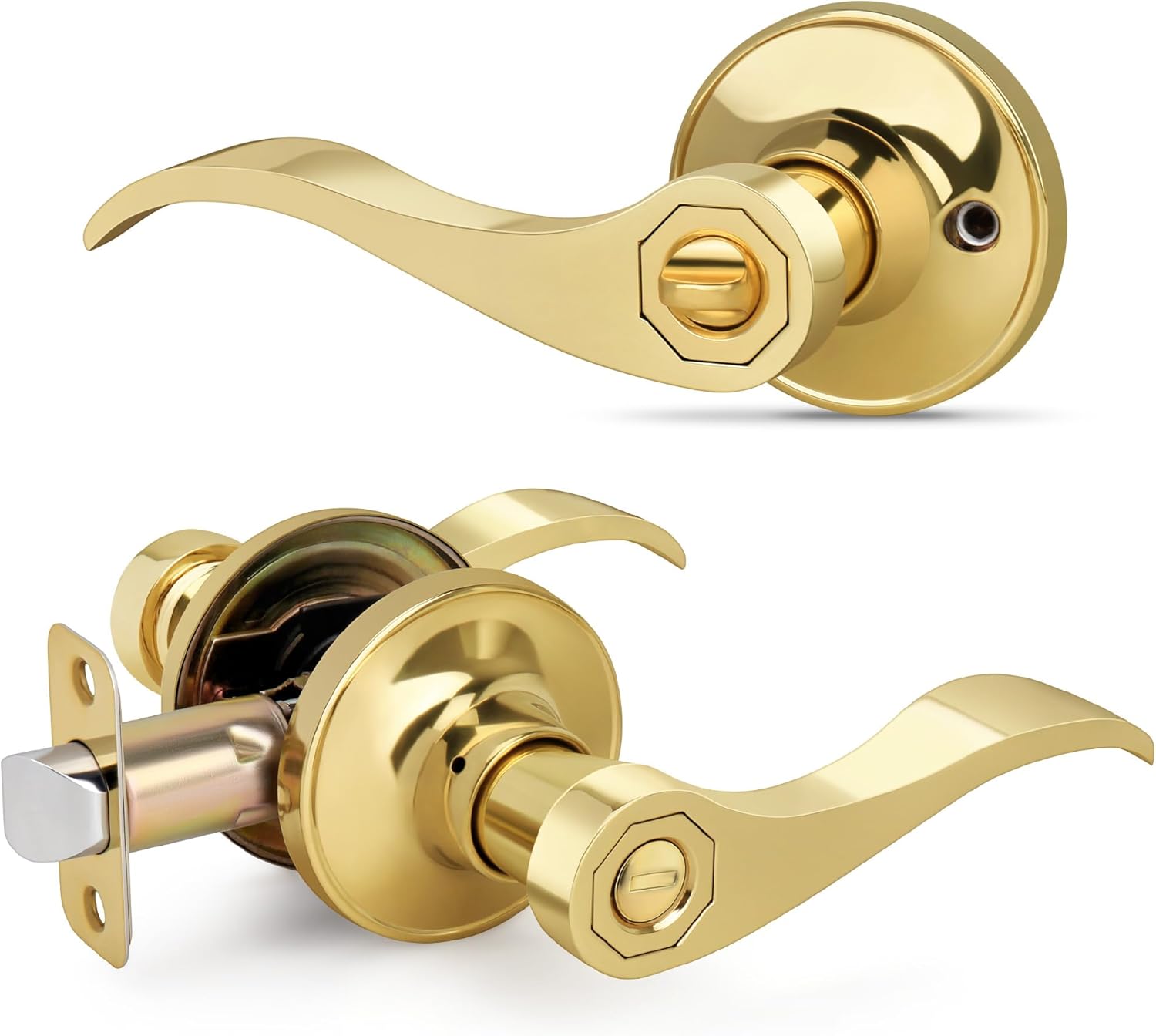 Wave Style Door Lever Privacy Door Handle, Gold Keyless Interior Lever Reversible for Left/Right Handed for Bedroom, Bathroom, Living Room with Polished Brass Finish, 1 Pack
