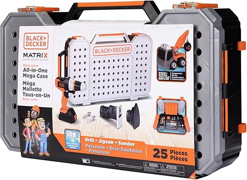 Miniatura 8 de Black+Decker Juego de herramientas para niños todo en uno Mega Case Workshop con taladro de matriz de juguete electrónico, rompecabezas y accesorios