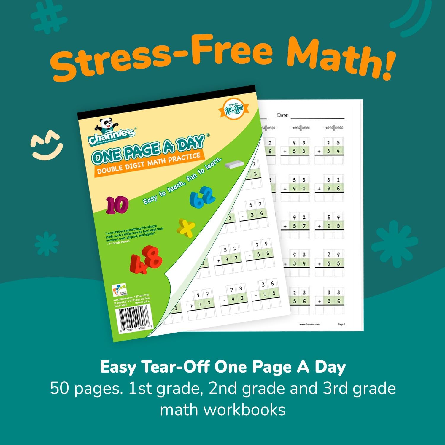 Channie's One Page A Day Double Digit Math Problem Workbook for 1st Graders, 2nd Graders, and 3rd Grade Simply Tear Off On Page a Day For Math Repetition Exercise! Addition and Subtraction Workbook : Office Products