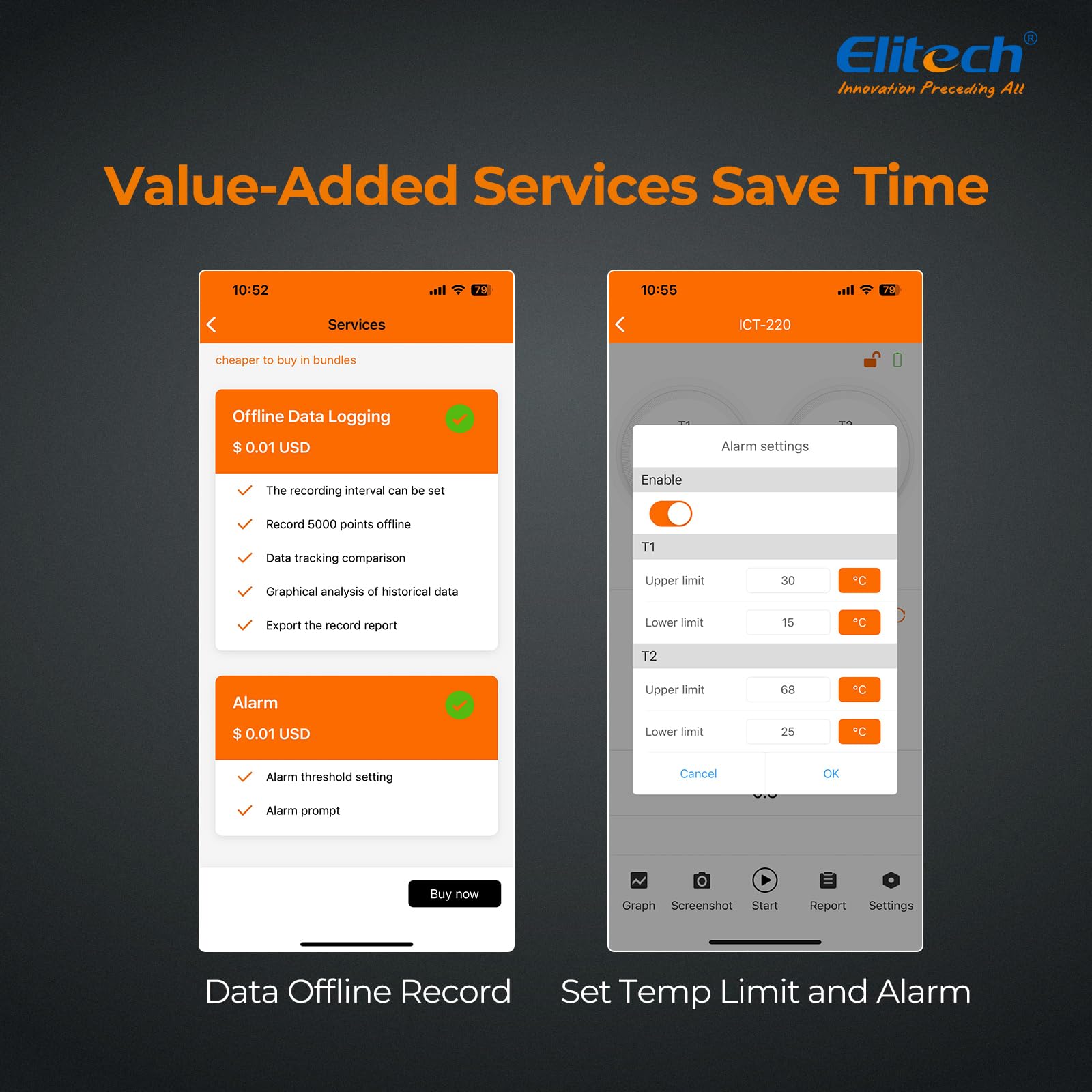 Elitech Termómetro digital de termopar tipo K/T/J/E de alta precisión, termómetro HVAC de doble canal con alarma, medidor de temperatura -200 °C a 1372 °C con aplicación, ICT-220S