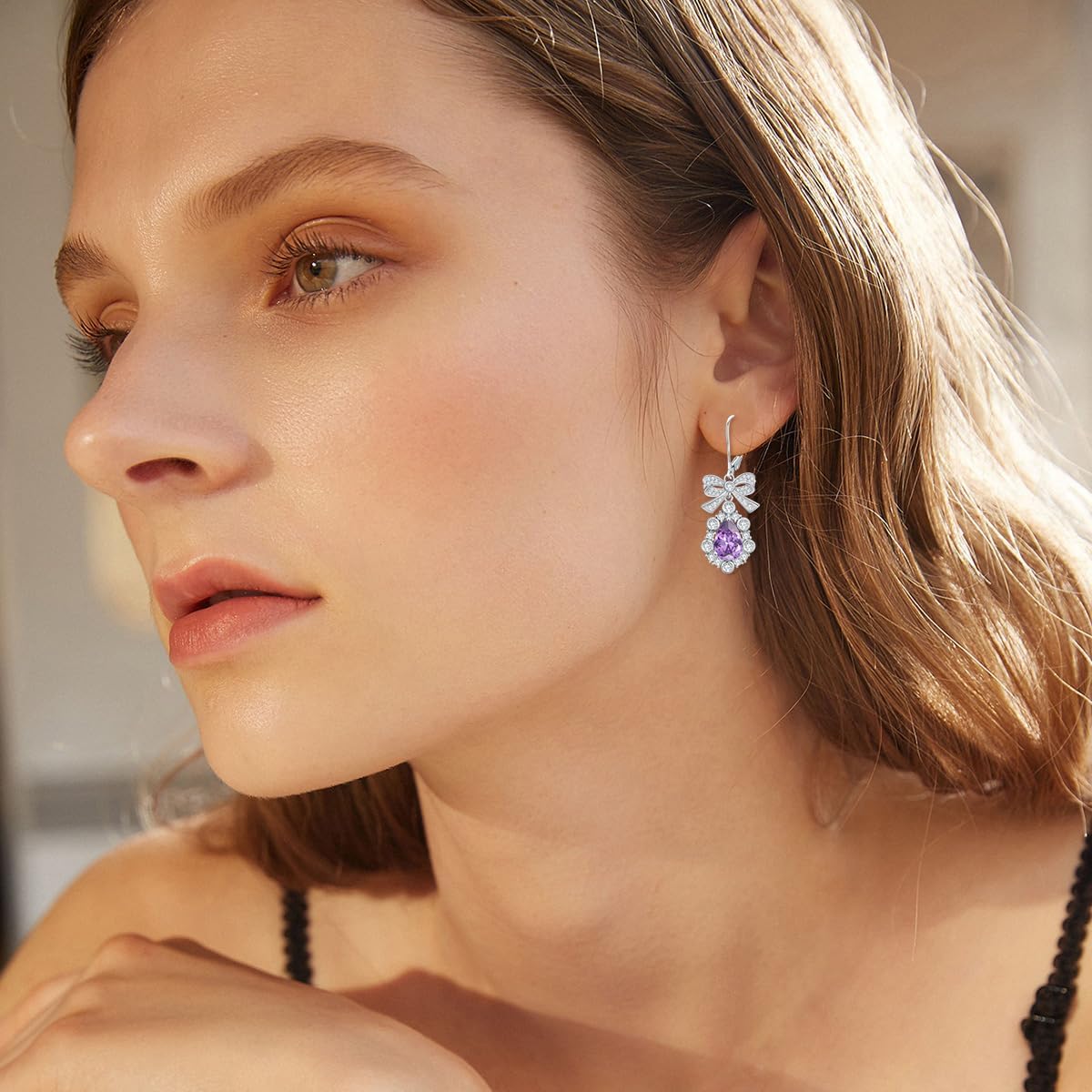 Birthstone Earrings for Gifts 925 Sterling Silver Pear Cut Gemstone with Bow Dangle Earrings for Women - Image 4