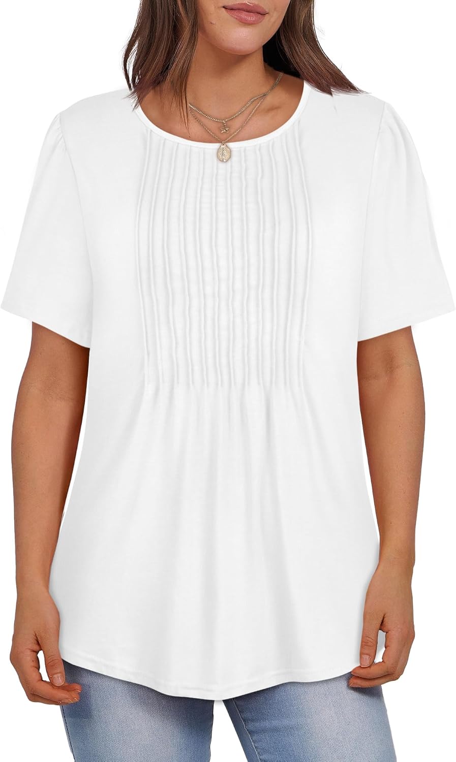 Womens T Shirts Short Sleeve Tops Dressy Casual Blouses Pleated Front Summer Outfits - Image 7