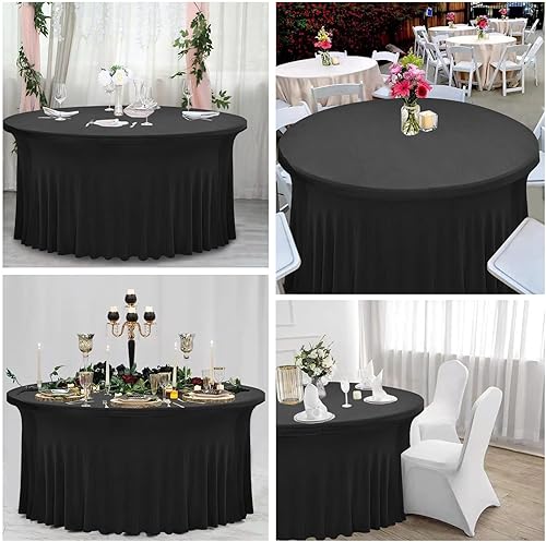 Miniatura 3 de Paquete de 2 manteles redondos de elastano de 5 pies de 60 pulgadas para mesas redondas, mantel resistente a las arrugas con falda, faldas de mesa