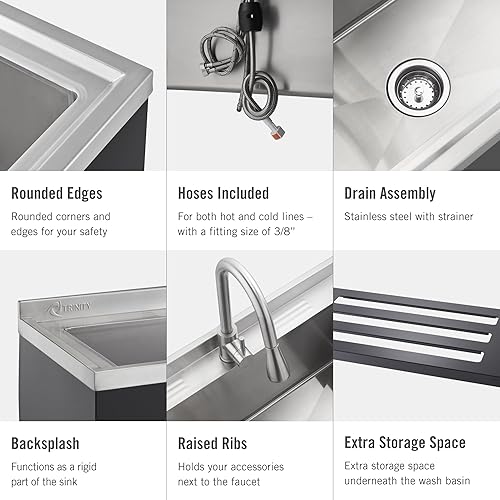 Miniatura 6 de TRINITY THAPBK-0323 Fregadero independiente de acero inoxidable para garaje, cuarto de servicio y uso comercial, incluye grifo extraíble,