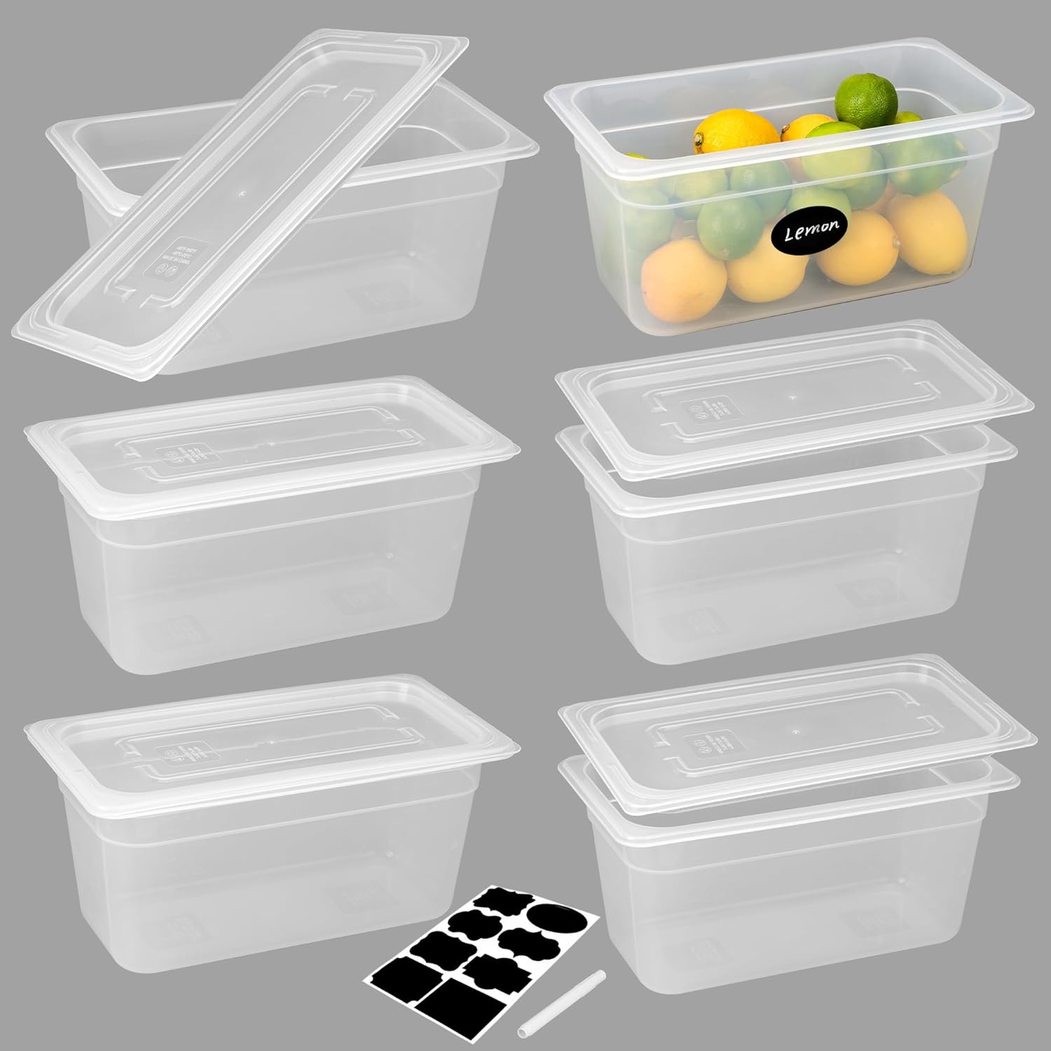 6 Pack Plastic Food Pans with Lids, 1/3 Size 6'' Deep, Translucent, Commercial, BPA-free, Stackable Storage for Restaurants, Buffets