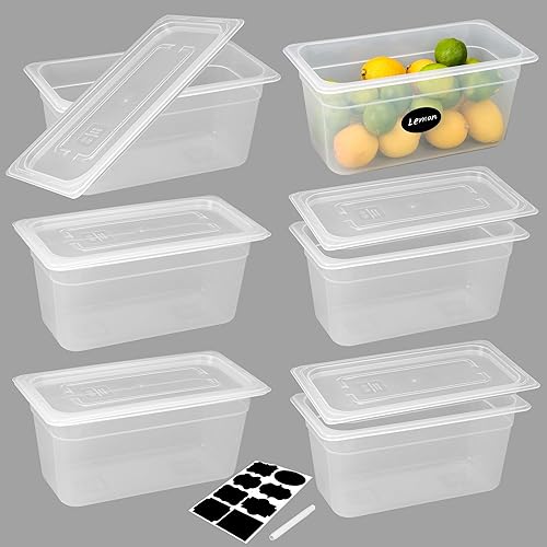 Paquete de 6 bandejas de plástico para alimentos con tapas, 1/3 de tamaño de 6 pulgadas de profundidad, translúcidas, comerciales, sin BPA