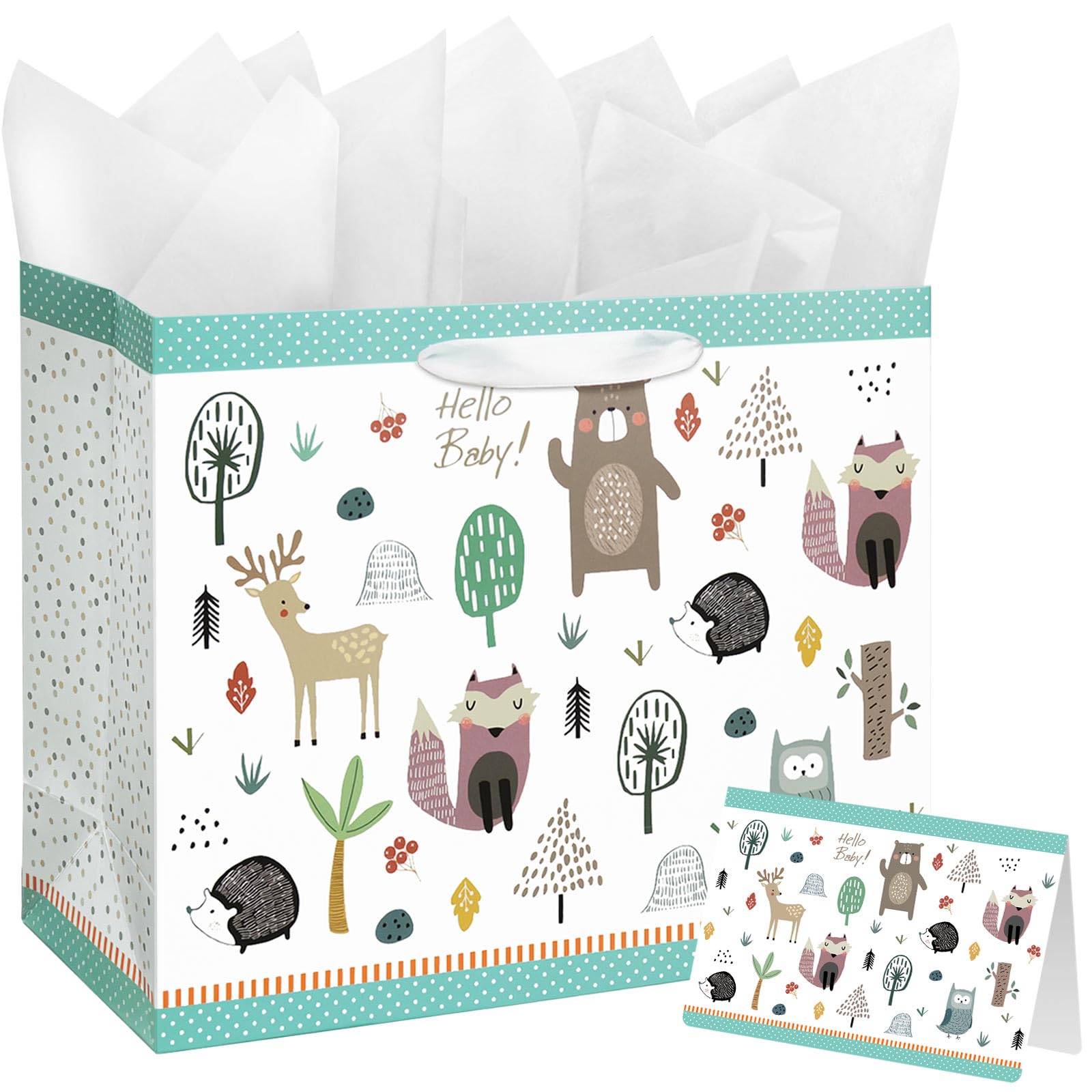 Large Baby Gift Bag Set | Baby Shower Decorations | Gender Neutral Woodland Theme | Includes Greeting Card & Tissue Paper | Ideal Newborn, New Parent & 1st Birthday Celebration Supply(33x12x26cm)