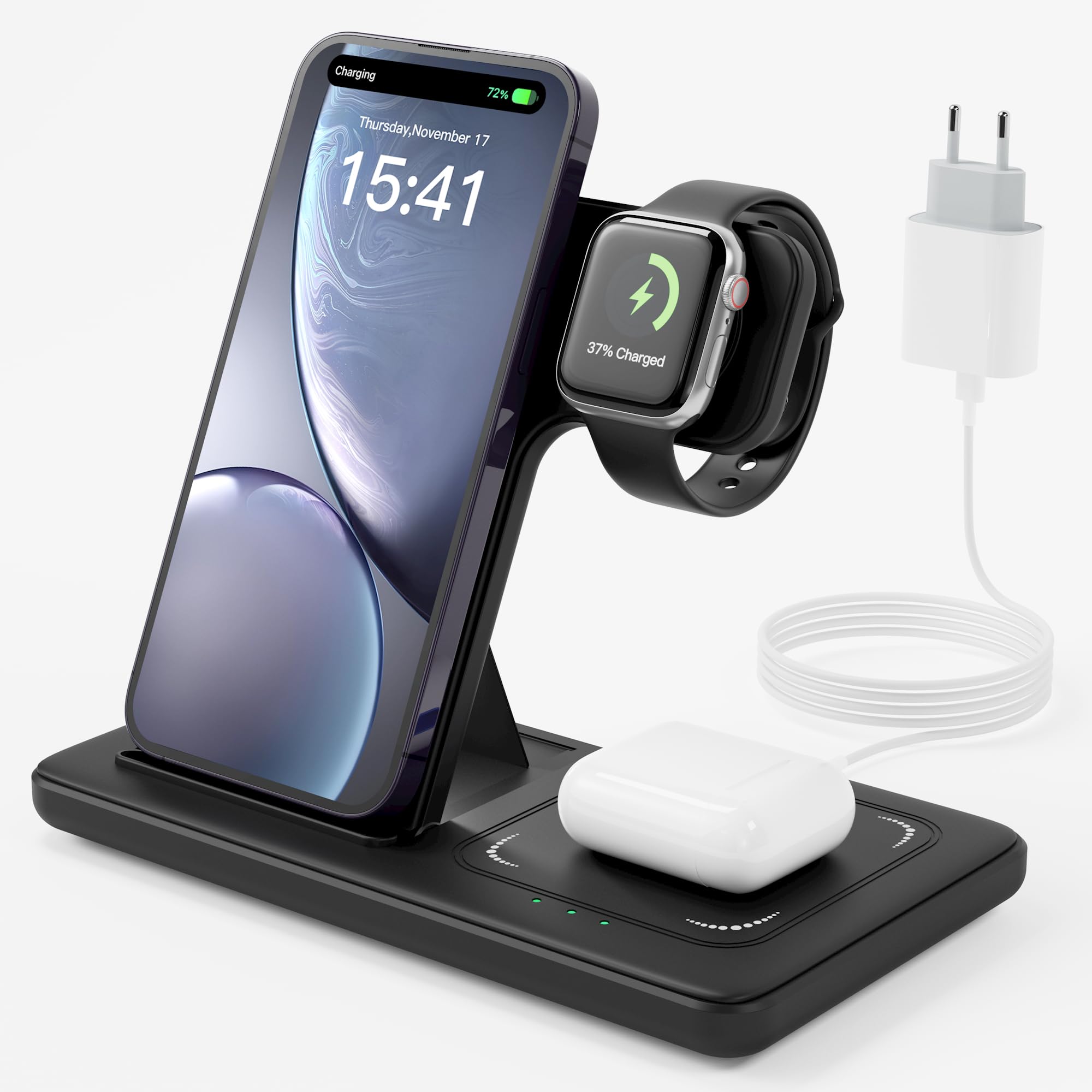Caricatore Wireless 3 in 1, Ricarica Wireless Charger, 15W Stazione di Ricarica Replacement for iPhone 16/15/14/13/12 Pro/Max/Plus/XS/XR/X, Watch Ultra 10/9/8/7/6/5/4/3/SE, Earbuds Pro 4/3/2 LUOATIP