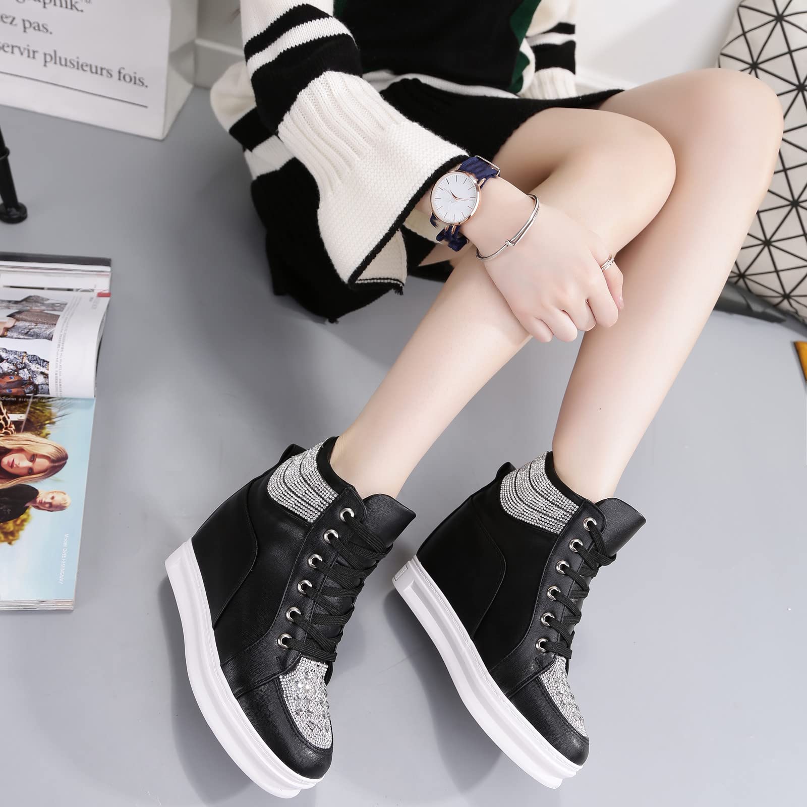 rismart Plataforma Botines Mujer Brillantina High-Top Moda Cuñas Zapatillas con Cordones
