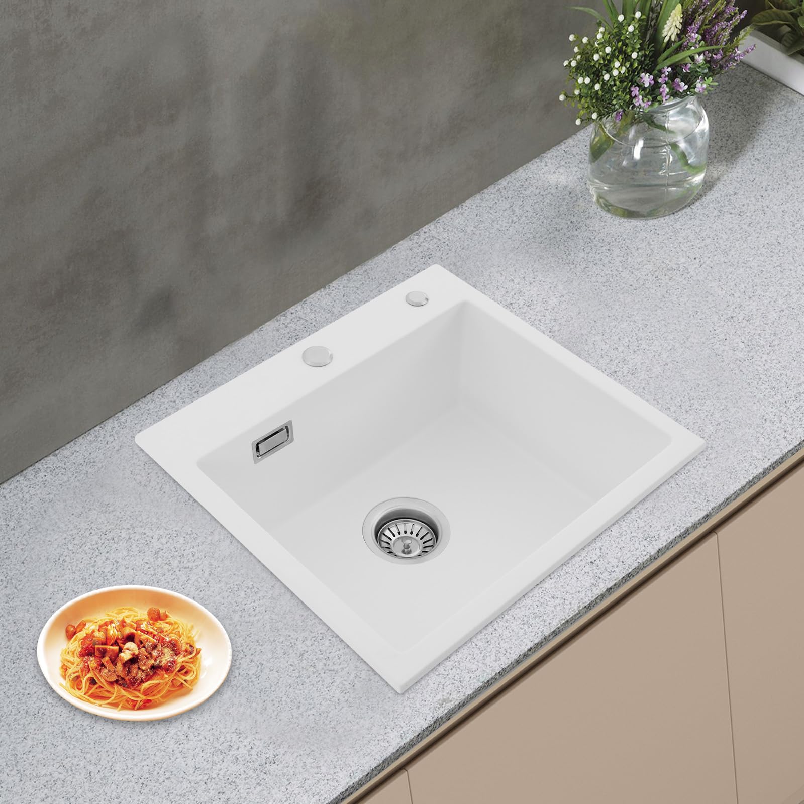 Fregadero de cocina blanco, de piedra de cuarzo con arco, capacidad de carga de 100 kg, para cocinas, baños, restaurantes 45 x 35 x 18,5 cm