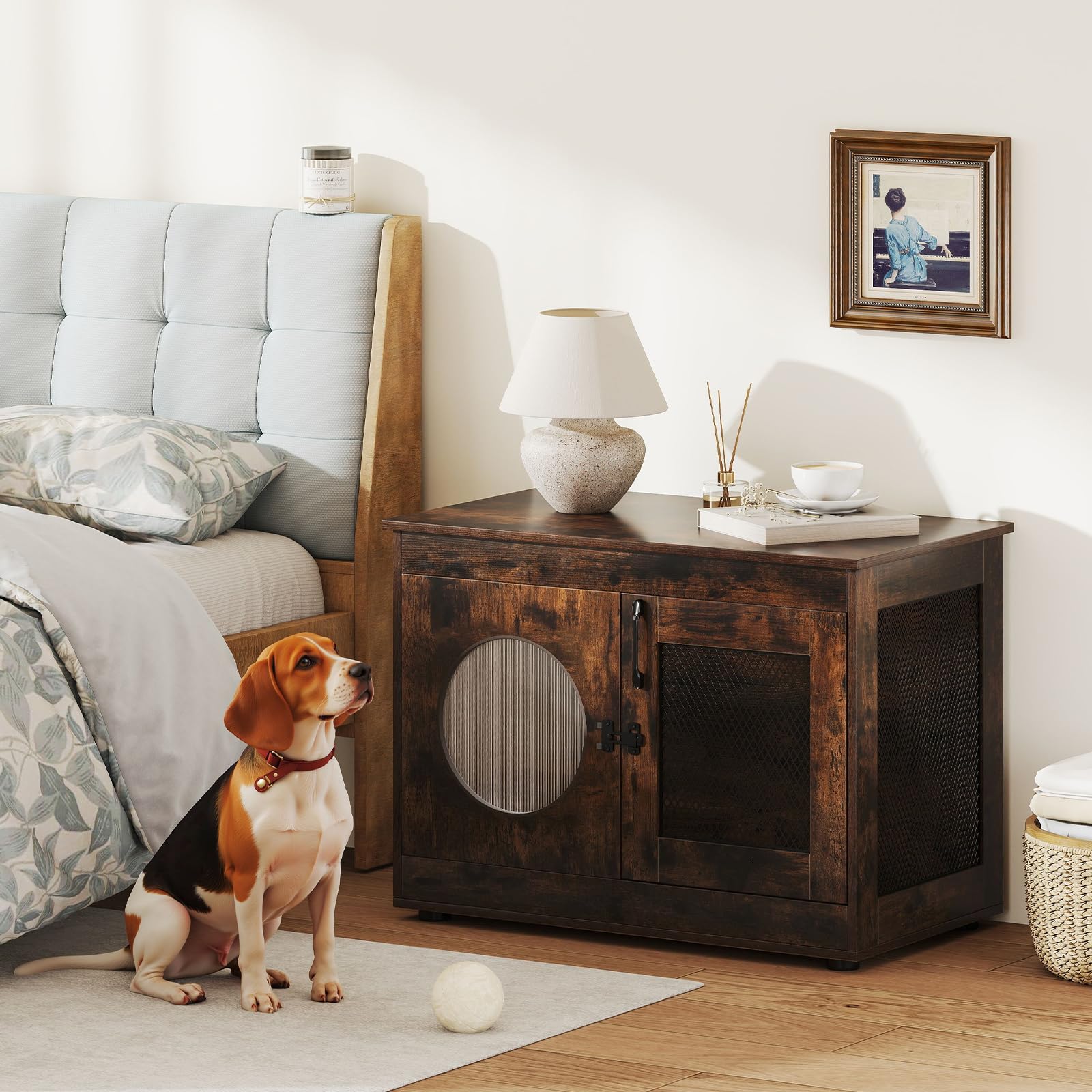 COSTWAY Hundekäfig Tierkäfig, Hundebox im Möbelstil mit Tür & PC-Fenster, Haustierkäfig für kleine und mittelgroße Hunde Katze Haustier, Beistelltisch für Zuhause, Hundehütte Braun, 82 x 47 x 60 cm