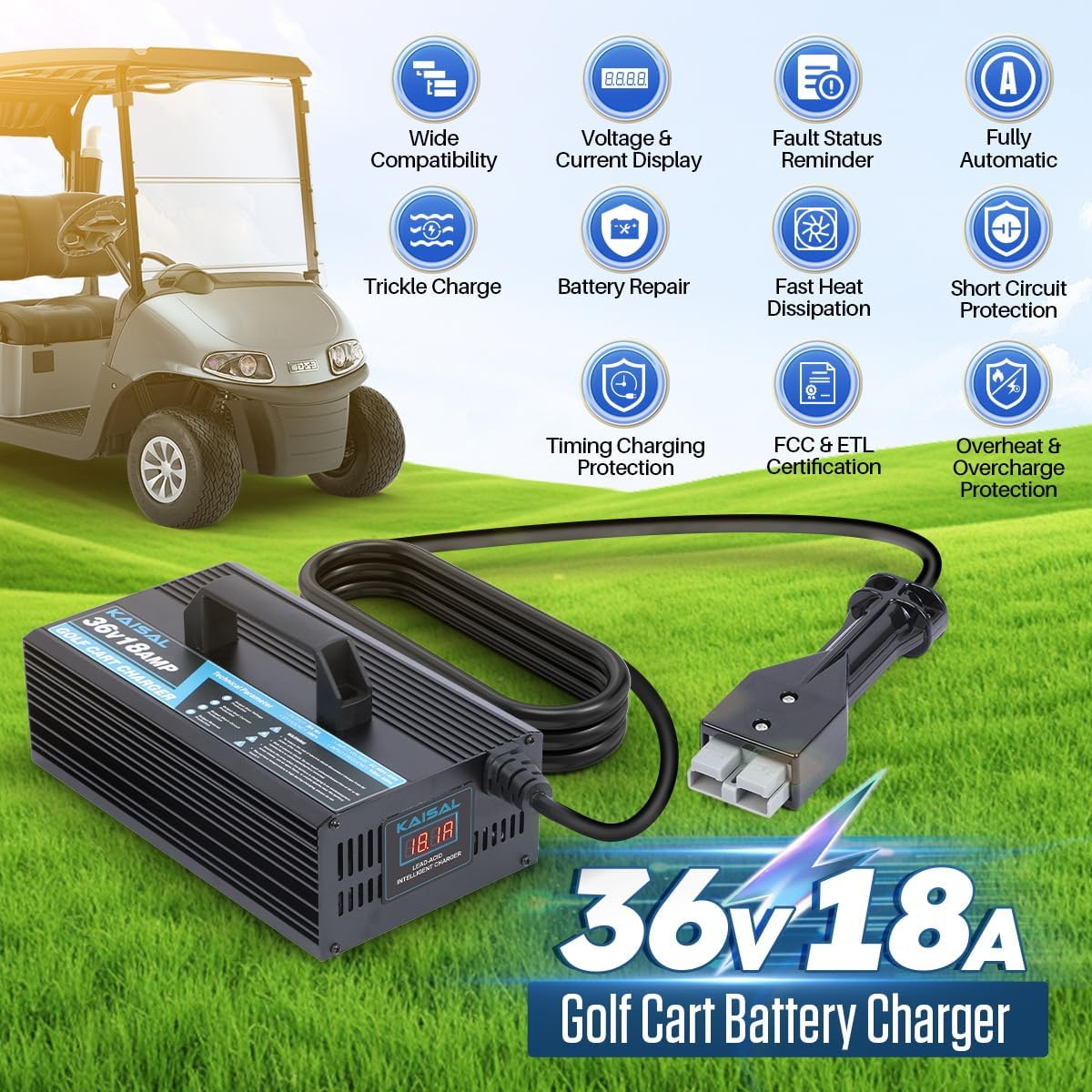 36 Volt 18A Golf Cart Battery Charger for EZGO Marathon Golf Carts 36V Golf Cart Charger with Anderson SB-50 Plug, Trickle Charge EZ GO Charger, 5-7 Hours Full Charge,16FT Cord for Lead Acid Battery - Image 2