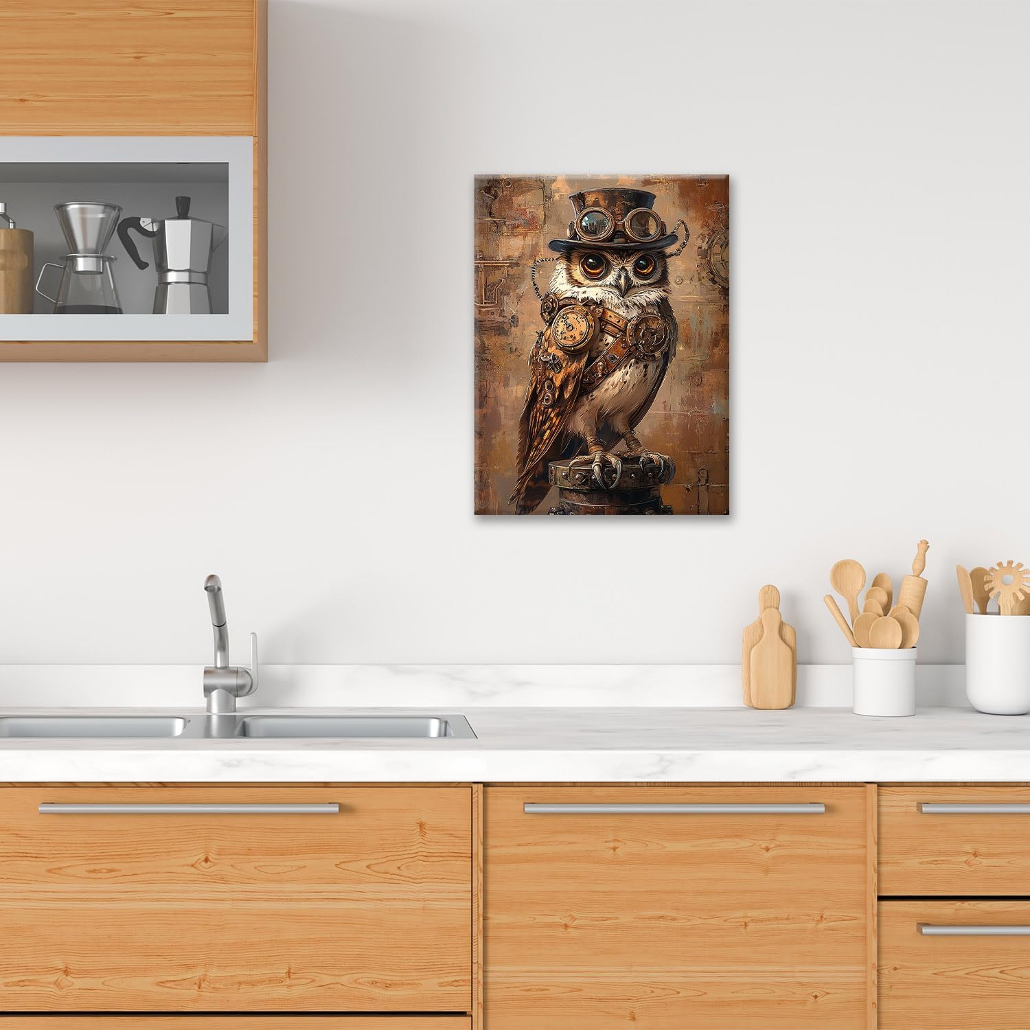 Olivine Steampunk Wall Art, Owl Pictures Wall Decor, Retro Steam Punk Bird Canvas Prints Painting, Framed Artwork for Living Room Bedroom Bathroom Office Home Decor 16"x12"