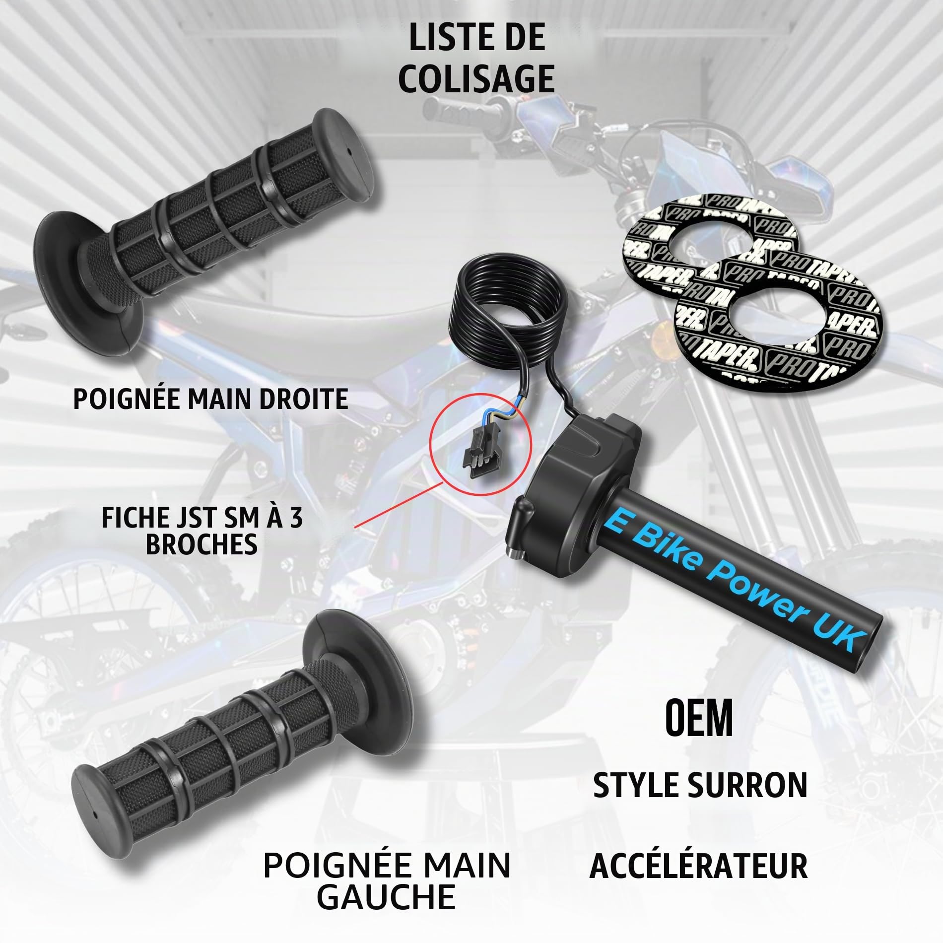 Accélérateur complet pour vélo électrique - Poignées gaufrées noires - Convient pour 3 broches SM JST - Pour vélo électrique Surron, motocross 12 V, 24 V, 36 V, 48 V, 52 V, 60 V, 72 V