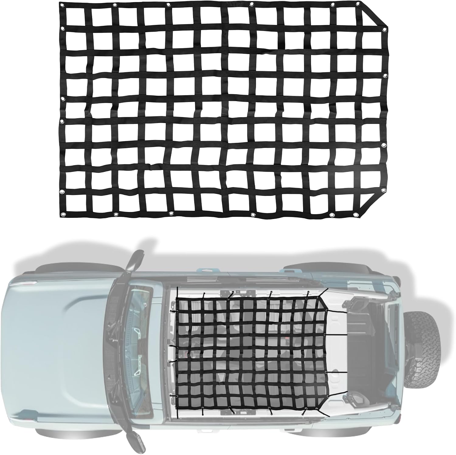 Roof Hammock Compatible with 2021 2022 2023 2024 2025 Ford Bronco 6th Gen. 4 Door Mesh Cargo Net Roof Bimini Hammock Exterior Decoration Webbing Soft Accessories Hard Top Netting Black