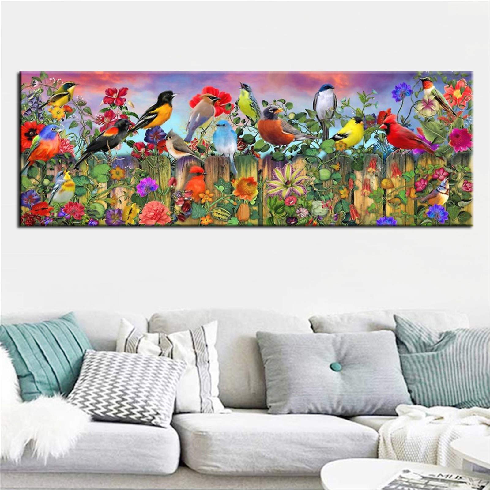 Peinture diamant grand format fleurs oiseaux strass rond pour grand mur blanc