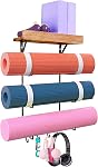 Yoga Mat Holder Wall Mount,Yoga Mat Storage Rack with Wooden Shelves and 4 Hooks,Yoga Mat Organizer for Home Gym Decor Hanging Foam Roller and Resistance Bands