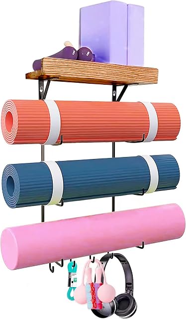Yoga Mat Holder Wall Mount,Yoga Mat Storage Rack with Wooden Shelves and 4 Hooks,Yoga Mat Organizer for Home Gym Decor Hanging Foam Roller and Resistance Bands