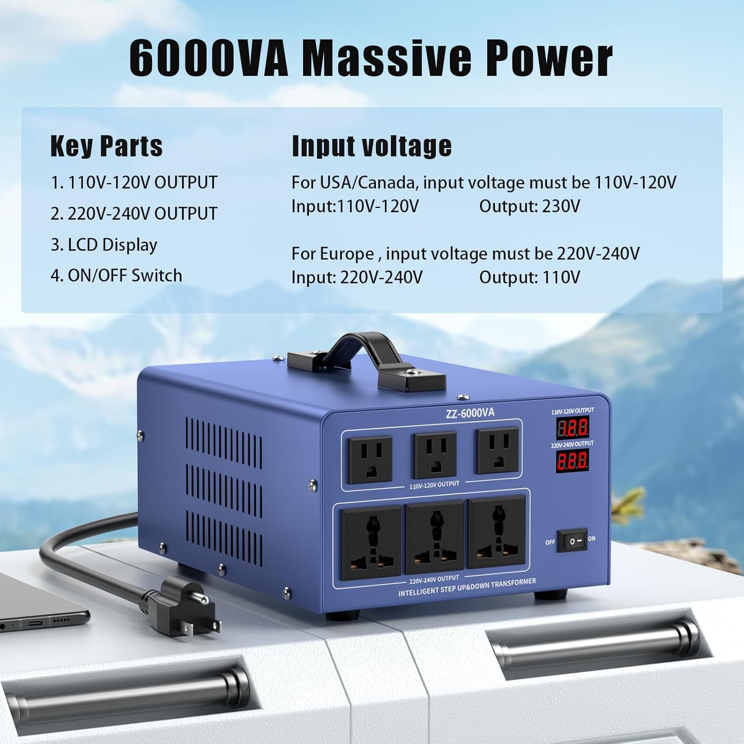 Automatyczny transformator konwertera napięcia 6000 W, 110/120/220/240 V, wytrzymały konwerter mocy Step Up/Down z 3 gniazdami amerykańskimi, 3 uniwersalnymi gniazdami, resetowalna ochrona wyłącznika
