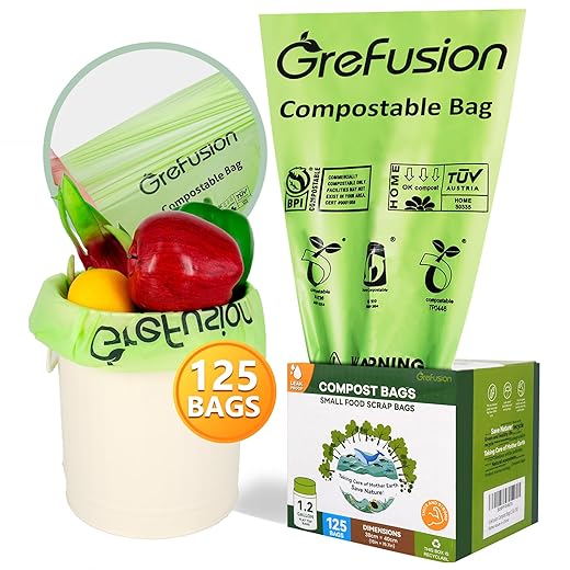 GreFusion Compostable Bags for Kitchen Compost Bin, 1.2 Gallon, 125 Count, Certified by BPI and ASTM, Leakproof and Odor Control