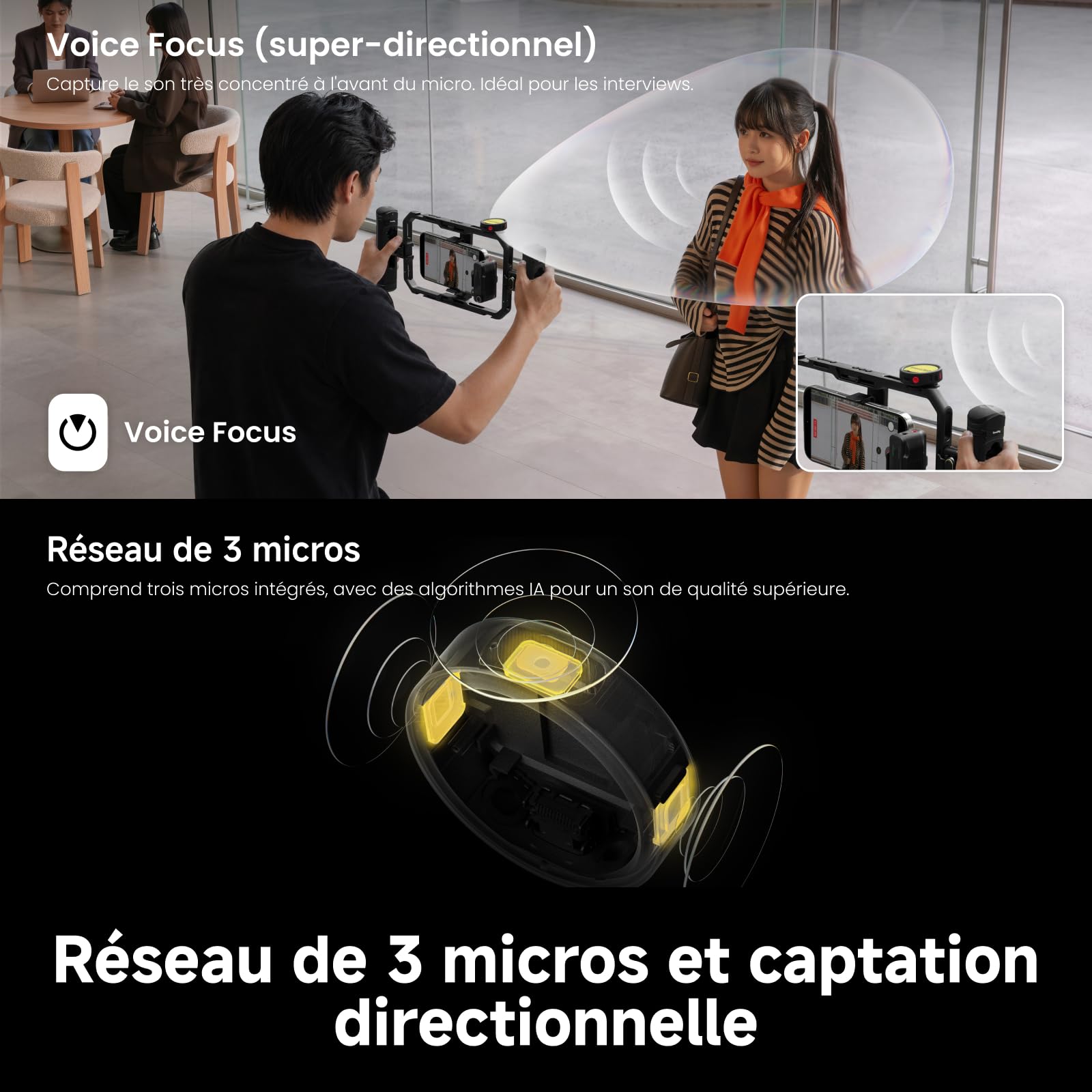 Insta360 Mic Pro Émetteur Noir, Mini Micro-Cravate sans Fil pour iPhone/Caméra/Android, vidéo, Bluetooth, écran E-Ink Personnalisable, réseau de 3 micros, Enregistrement Interne 32 Bits Float.