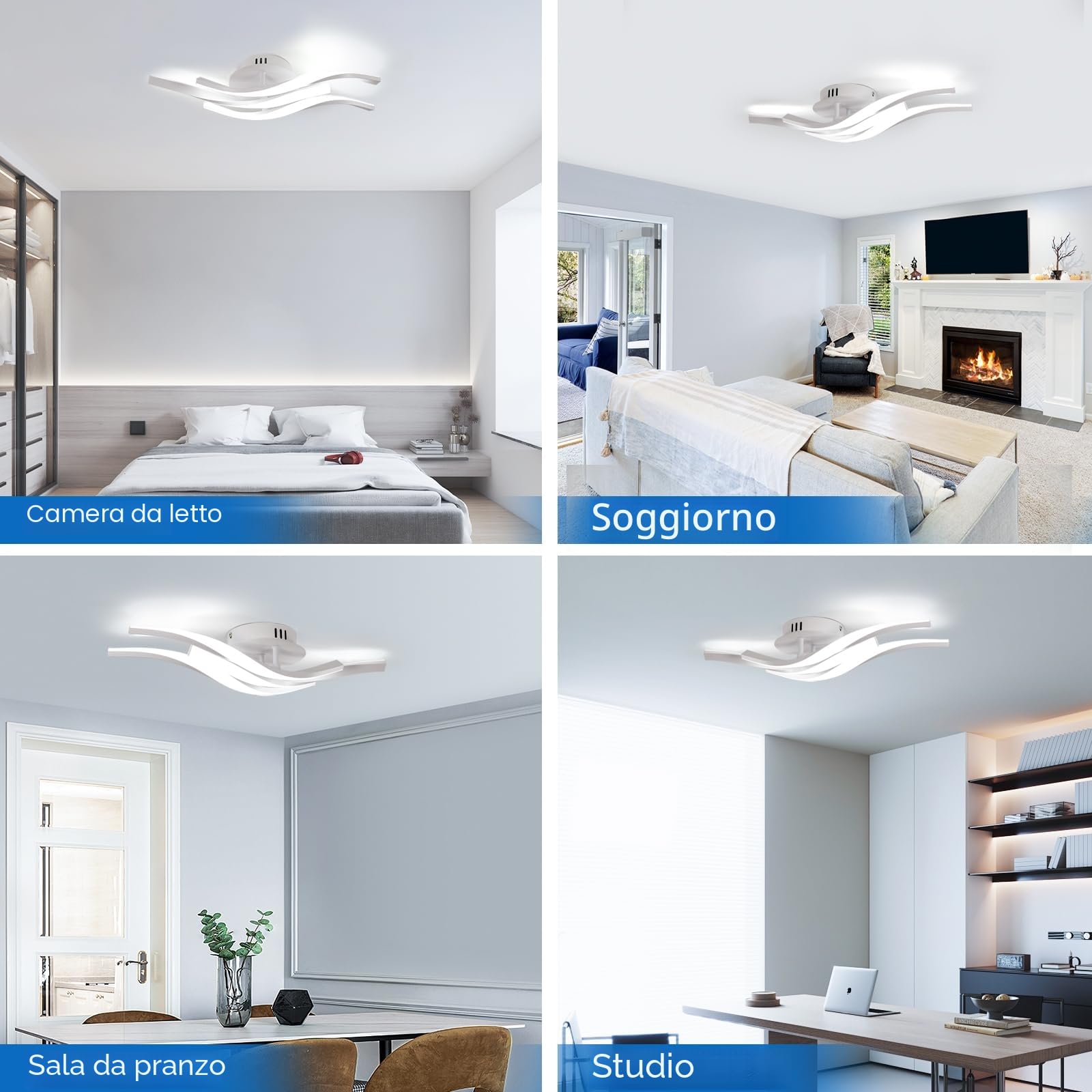 Plafoniera LED a soffitto, bianca, potenza di 24W, 2700LM. Design Moderno con 3 luci curve. Luce bianca 6500K, adatta ad ogni ambiente, come: corridoio, cucina o soggiorno. Lunghezza: 52 cm.