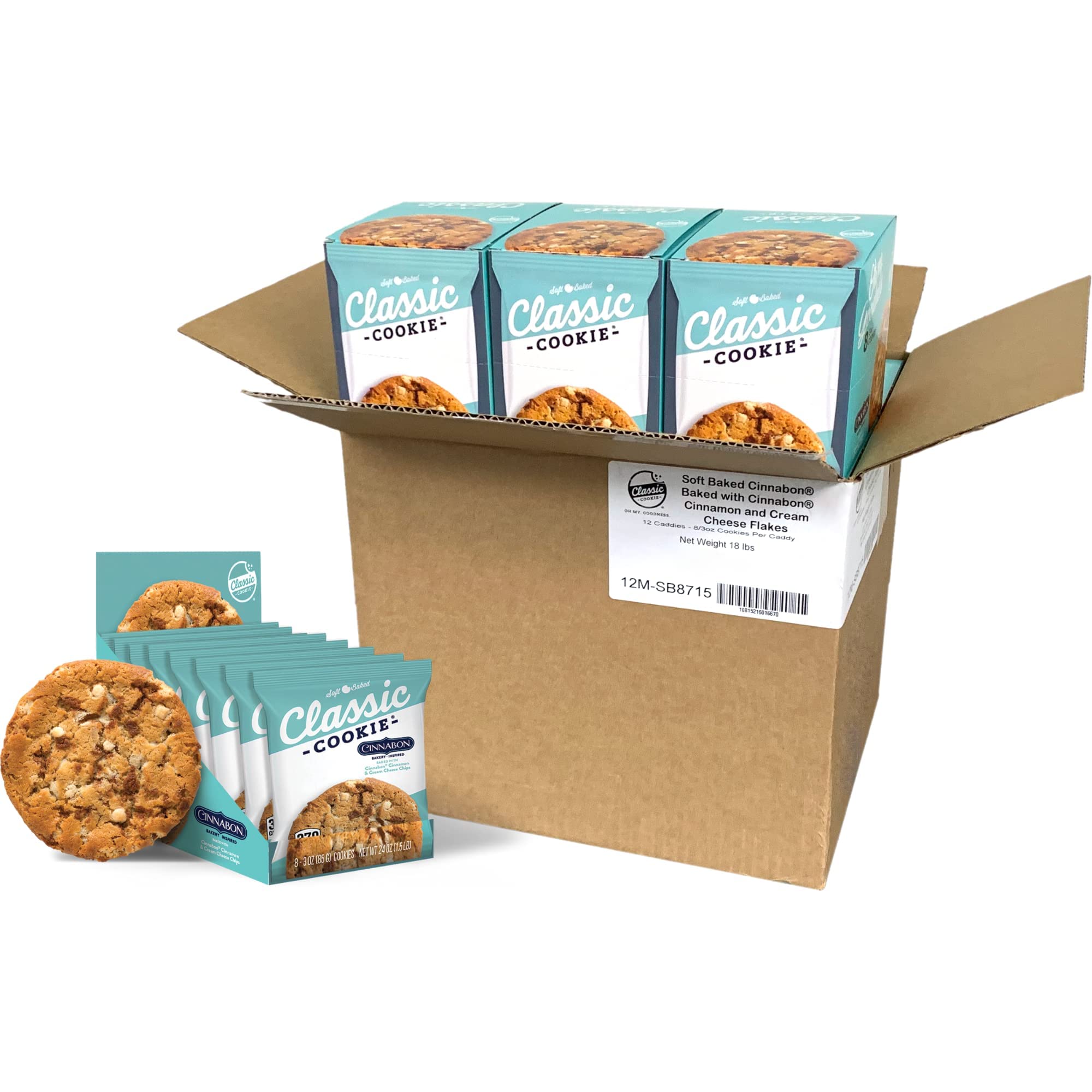 Classic Cookie Soft Baked Cinnabon® Cookies made with Cinnamon and Cream Cheese Chips, Full Case of 12 Boxes, 96 Individually Wrapped Cookies