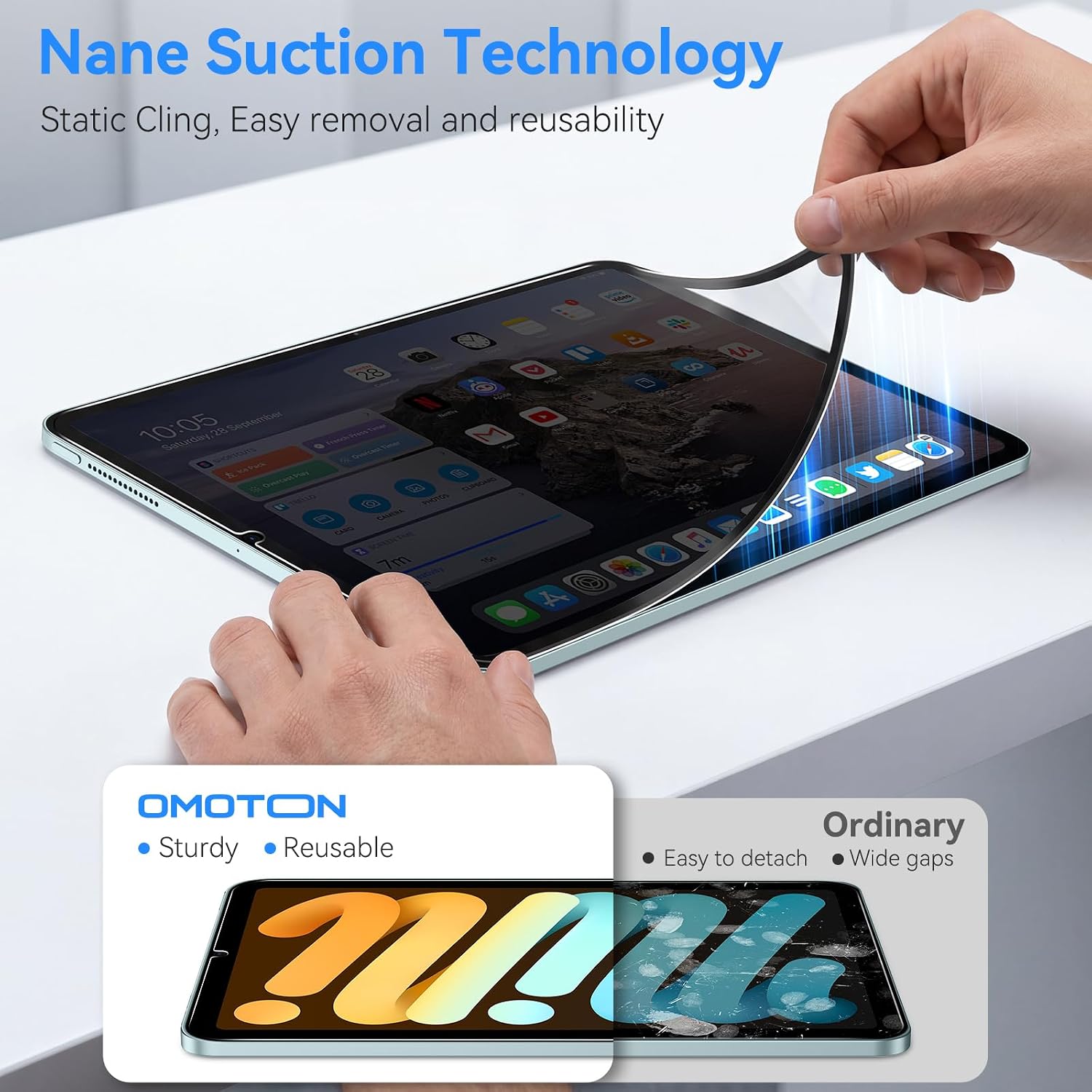 OMOTON Removable Privacy Screen Protector for iPad Mini 7 A17 Pro Mini 6 | 2 Pack PET Anti-Spy Screen Protector, Washable & Reusable, Zero-Bubble Installation, Case & Apple Pencil Support