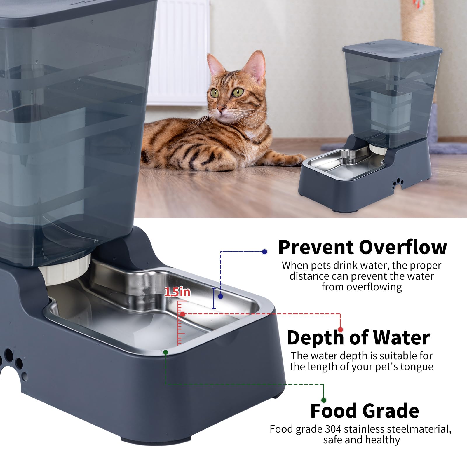 Distributore di Cibo e Acqua da 5 L per Cani e Gatti di Taglia Media e Grande, per Altri Animali Domestici (Grigio Scuro)