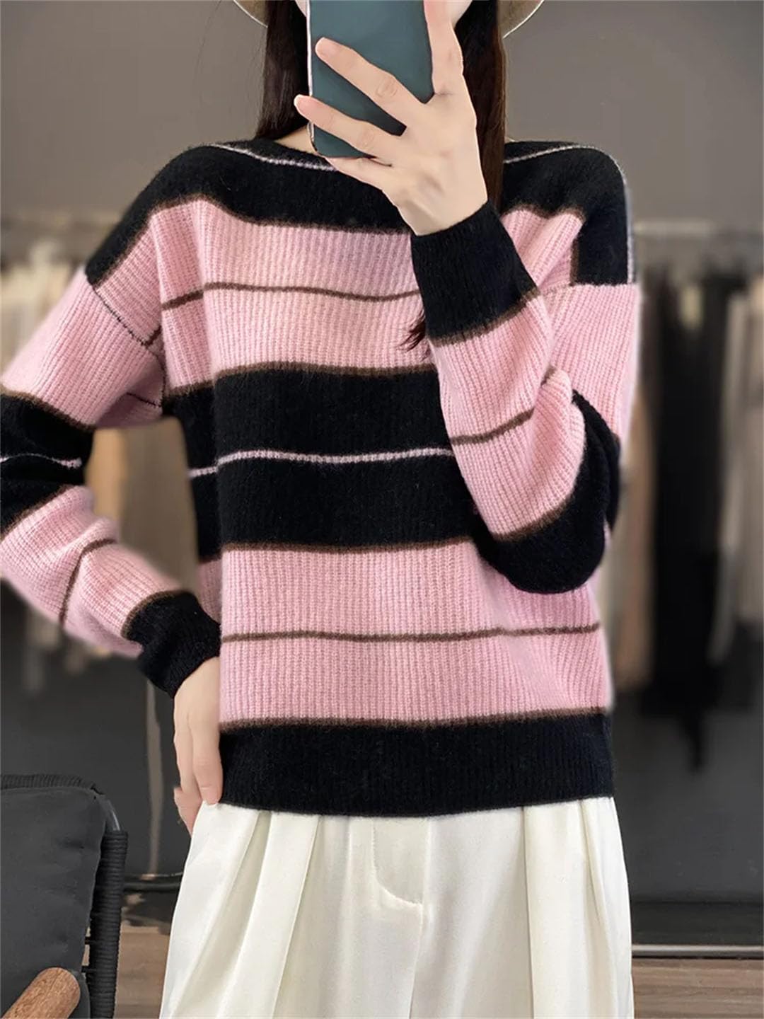 Vogrtcc Damski sweter z długim rękawem oversize sweter wełniany w paski na co dzień kaszmirowa dzianina