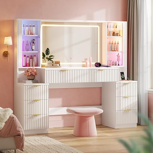 Big Vanity, Fluted Wood Makeup Vanity Desk with Mirror and Sound Sync LED Lights, Large Vanity Dressing Table, 8 Drawers, Charging Station for Girls, Women (White, 59.1" Width)