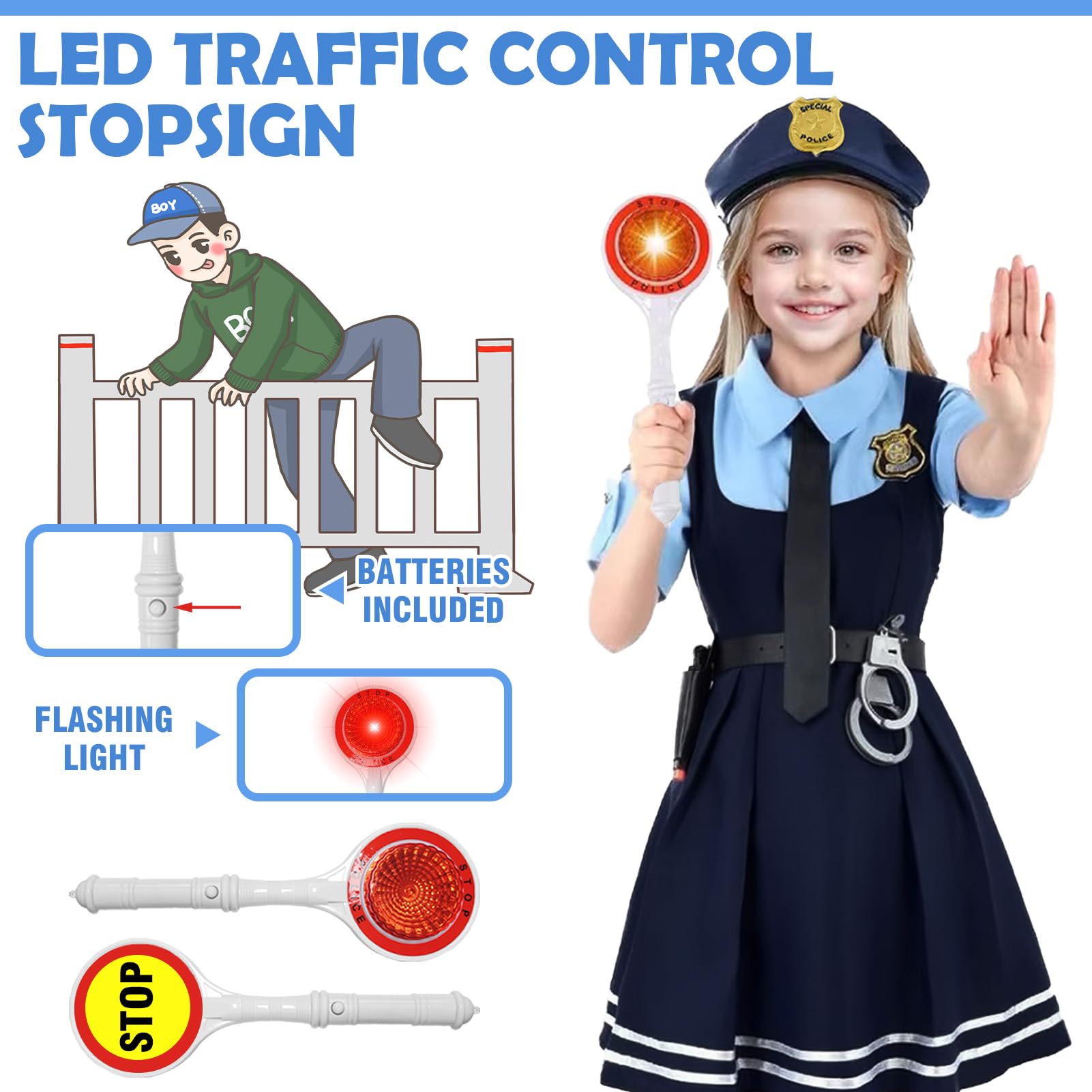 Kostium policyjny dla dzieci, dziewczynek, 14-częściowy, zestaw policjantki, czapka policyjna, kajdanki, gwizdek, zabawka policyjna dla dziewcząt, na Halloween, dla dzieci, karnawał