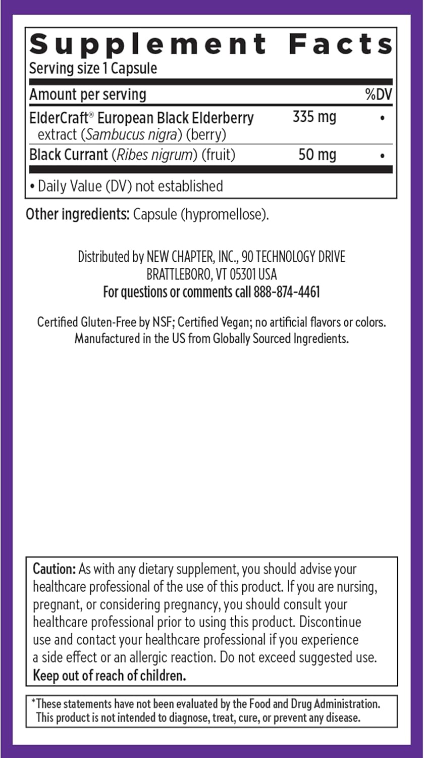 New Chapter Vegan Elderberry Capsules with 64x Concentrated Black Elderberry + Black Currant for Comprehensive Immune Support, Non-GMO Project Verified, Gluten Free, Certified Vegan, 60 Count