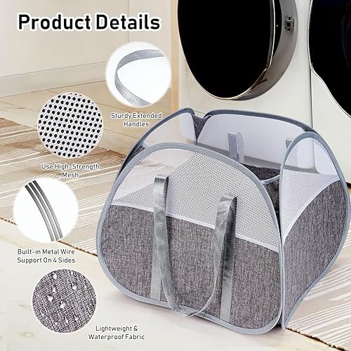 Miniatura 3 de Ceuku Cesta de lavandería plegable de 90 L, 2 cestas de lavandería con 2 asas de transporte, cesta cuadrada plegable de malla para ropa para ropa,