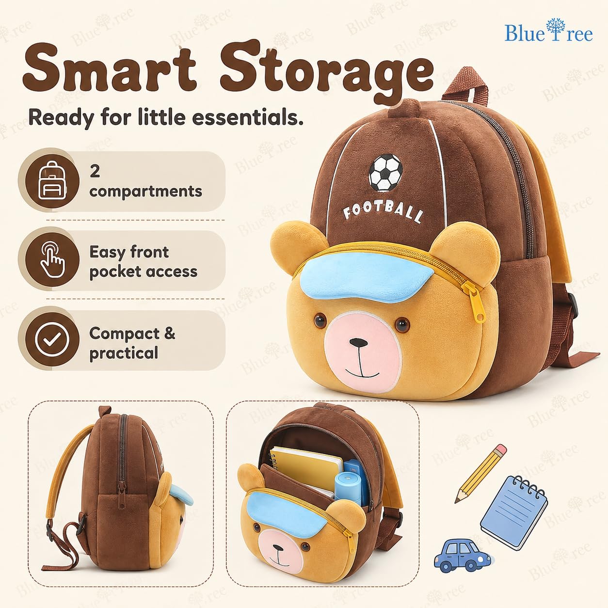 blue tree Cute Kids Backpack Toddler Bag Plush Animal Cartoon Mini Travel Bag for Baby Girl Boy 1-6 Years, Ideal for Gifting for Kids (Football Brown) 2