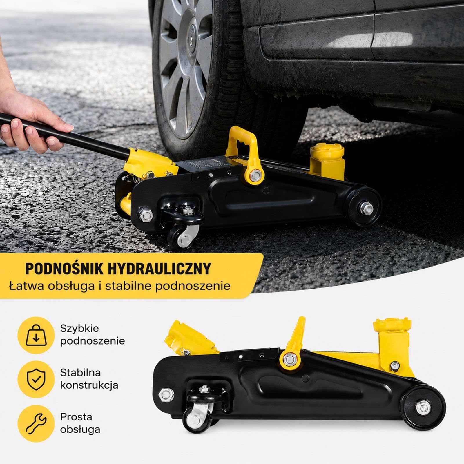 Niskoprofilowy hydrauliczny podnośnik podłogowy ze stali, 1,5 t, pompa z pojedynczym tłokiem, koła 360°, zakres podnoszenia 13-31 cm, do samochodów sportowych i sedanów, żółty czarny