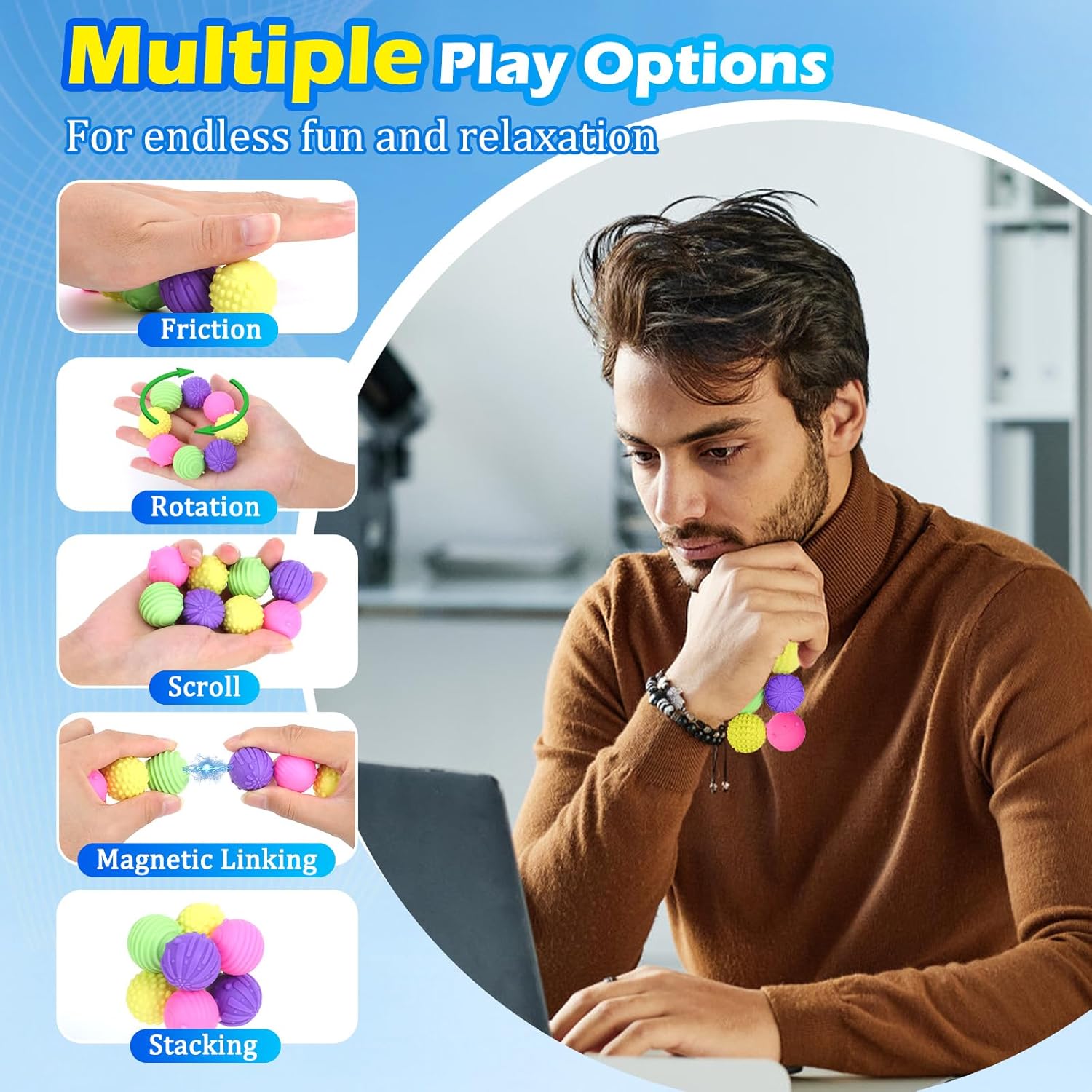 WIOR 8PCS Silicone Magnetic Fidget Balls Toys, Textured Stress Relief Sensory Toys for Adults & Teens with ADHD Autism Anxiety, Quiet Office Desk Toy Hand Massage Ball Stocking Stuffers Women Men Gift