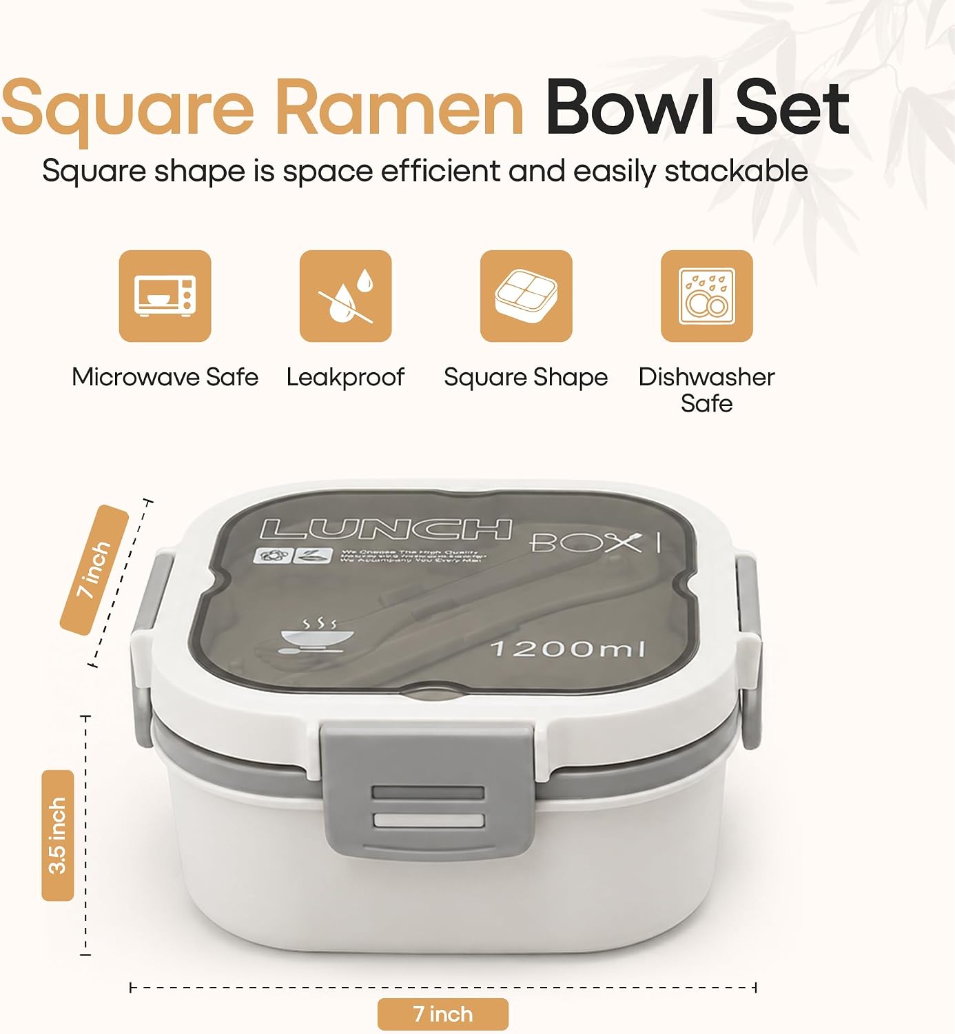 Souper Duper Square Ramen Bowl Set with Utensil • Heat & Eat Noodles in the Same Soup Bowl • Meal Prep Containers with Lids • Lunch Containers • Microwave, Freezer, Dishwasher Safe (White) image 4