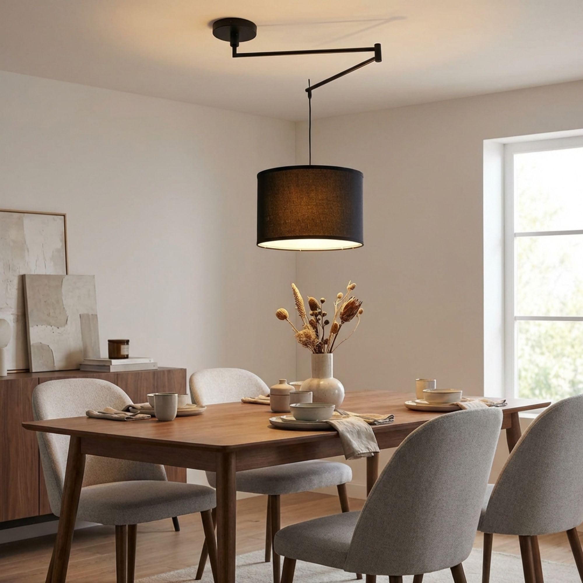 Lámpara Colgante de Techo NECK con Brazo Articulado. Pantalla Tela y Base Giratoria. Altura Ajustable. Portalámparas E27. Estilo Moderno. Lámpara colgante Negra para isla cocina, comedor, dormitorio.
