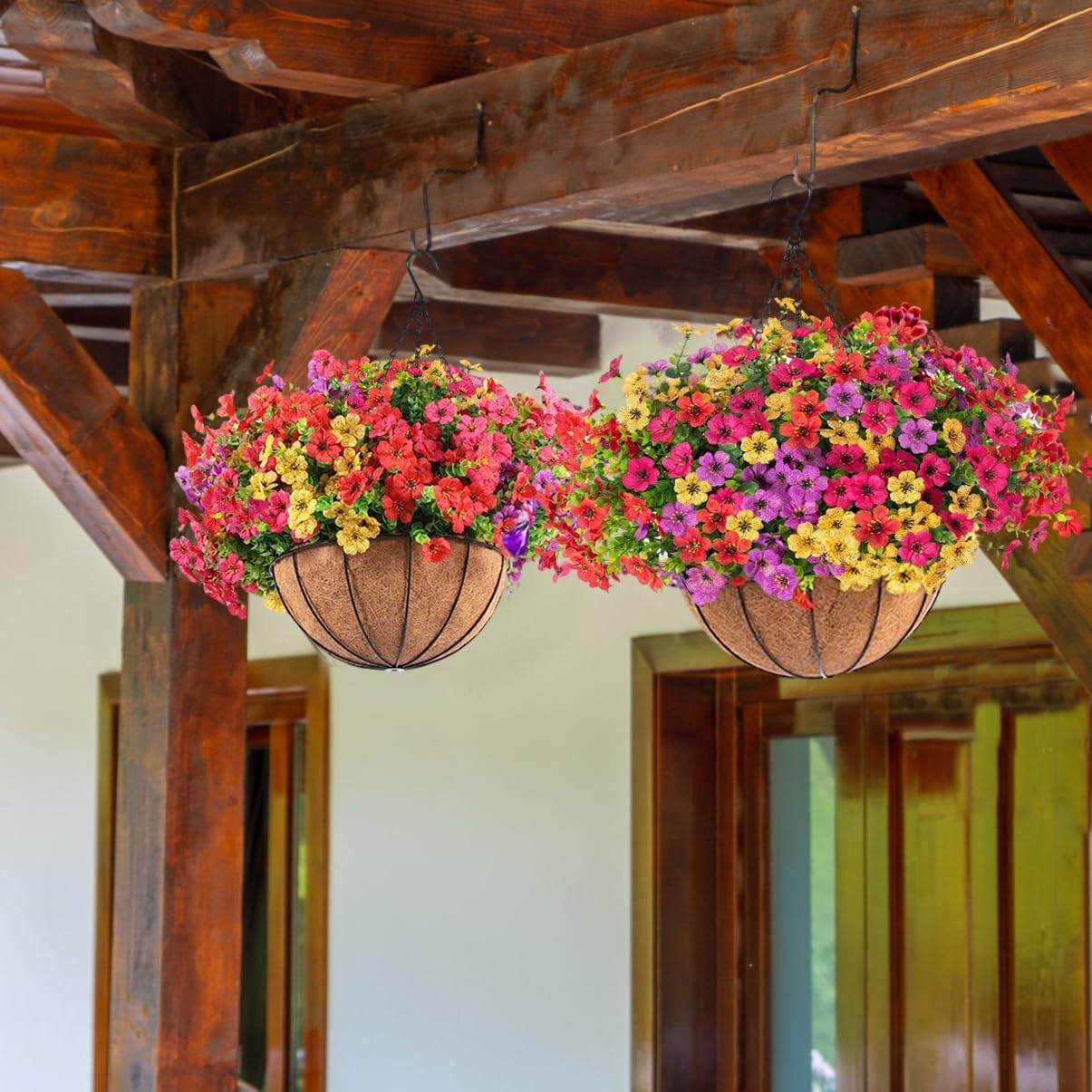 Orgrimmar 2 Pack Artificial Hanging Flowers Basket Outdoor Fake Hanging Plants UV Resistant Realistic Silk Flowers Eucalyptus in Coconut Lining Baskets for Home Porch Balcony Patio Yard Muti-Color