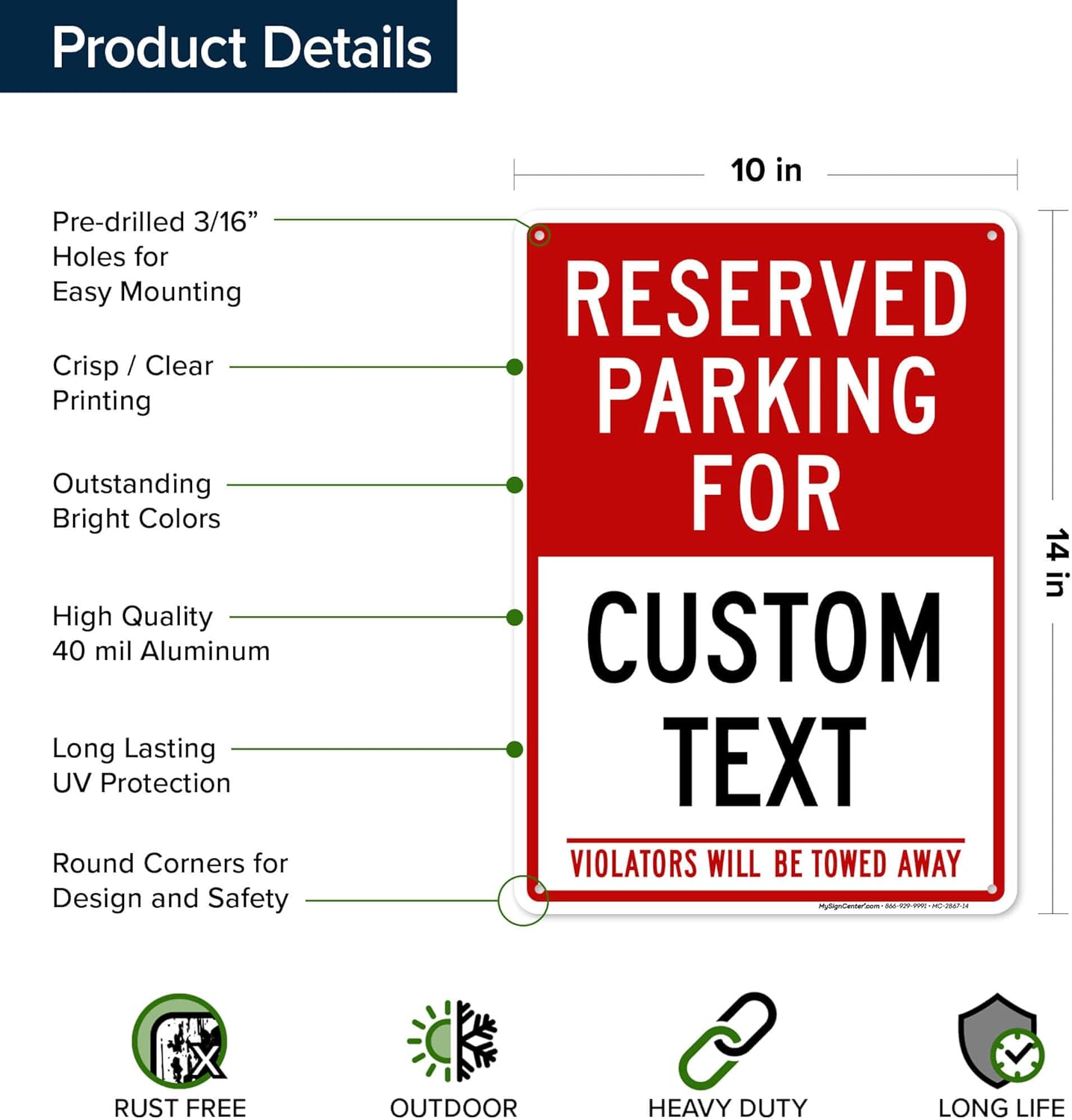 Custom Reserved Parking For Business Sign, 10x14 Inches, Rust Free .040 Aluminum, Post Holes Fade Resistant, Made in USA by My Sign Center