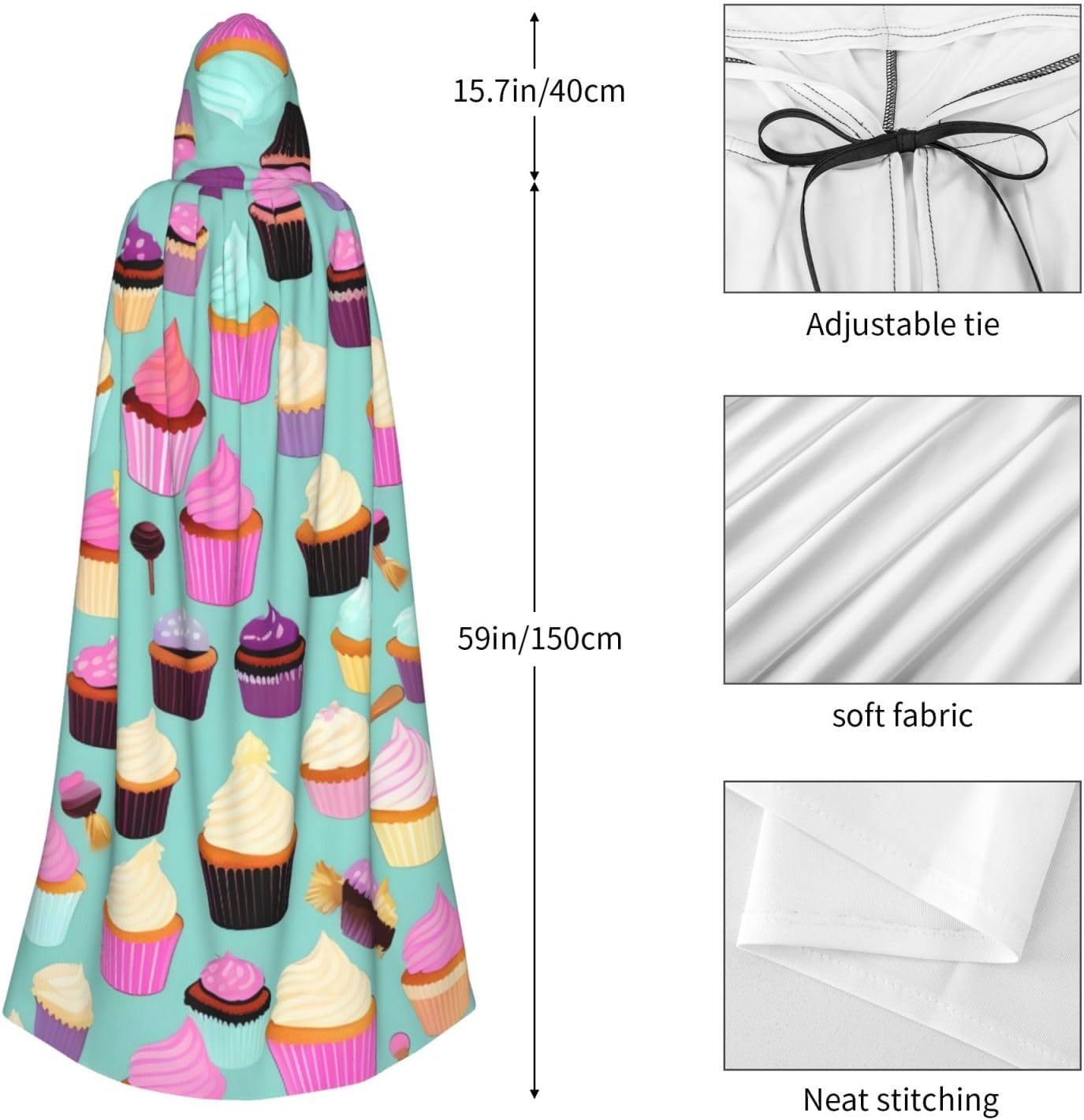 Cupcake Pattern print Hooded Robe Cloak for Adult Halloween Wizard Vampire Cosplay Costume Fancy Cool Cape