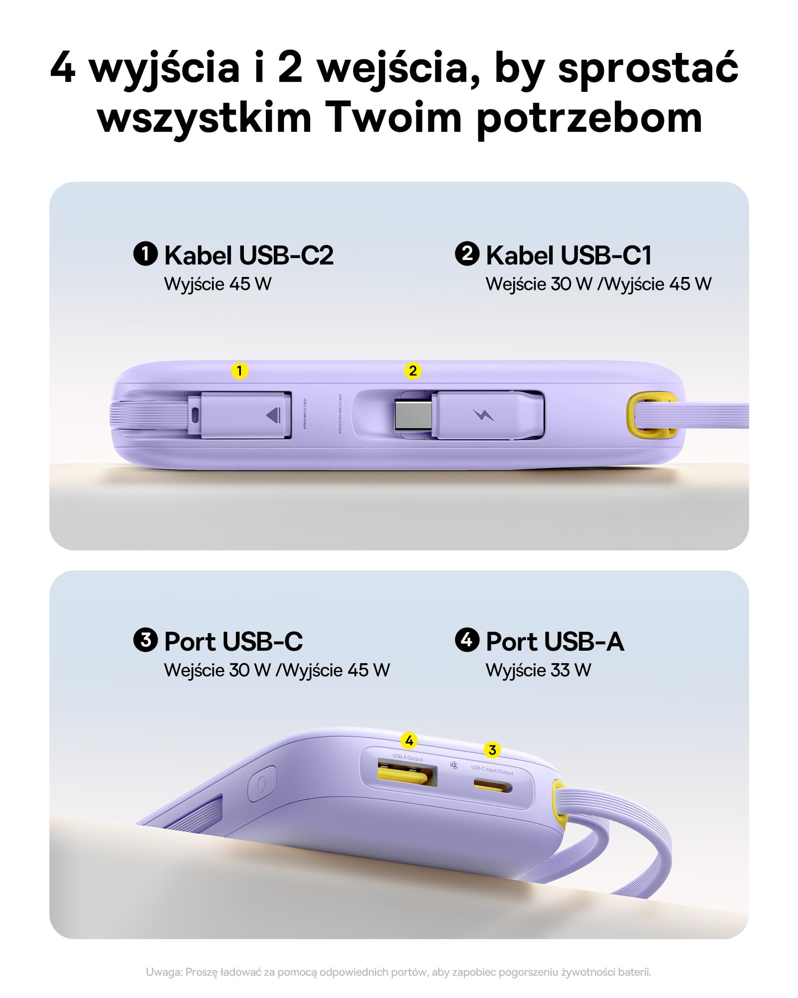 Baseus Powerbank 20 000 mAh 45 W z wbudowanym kablem USB-C, QPow3 Power Bank PD3.0 QC4.0, zewnętrzne akumulatory do telefonów komórkowych, 3 USB-C, 1 USB-A, przenośna ładowarka do iPhone 16/15/14 Pro