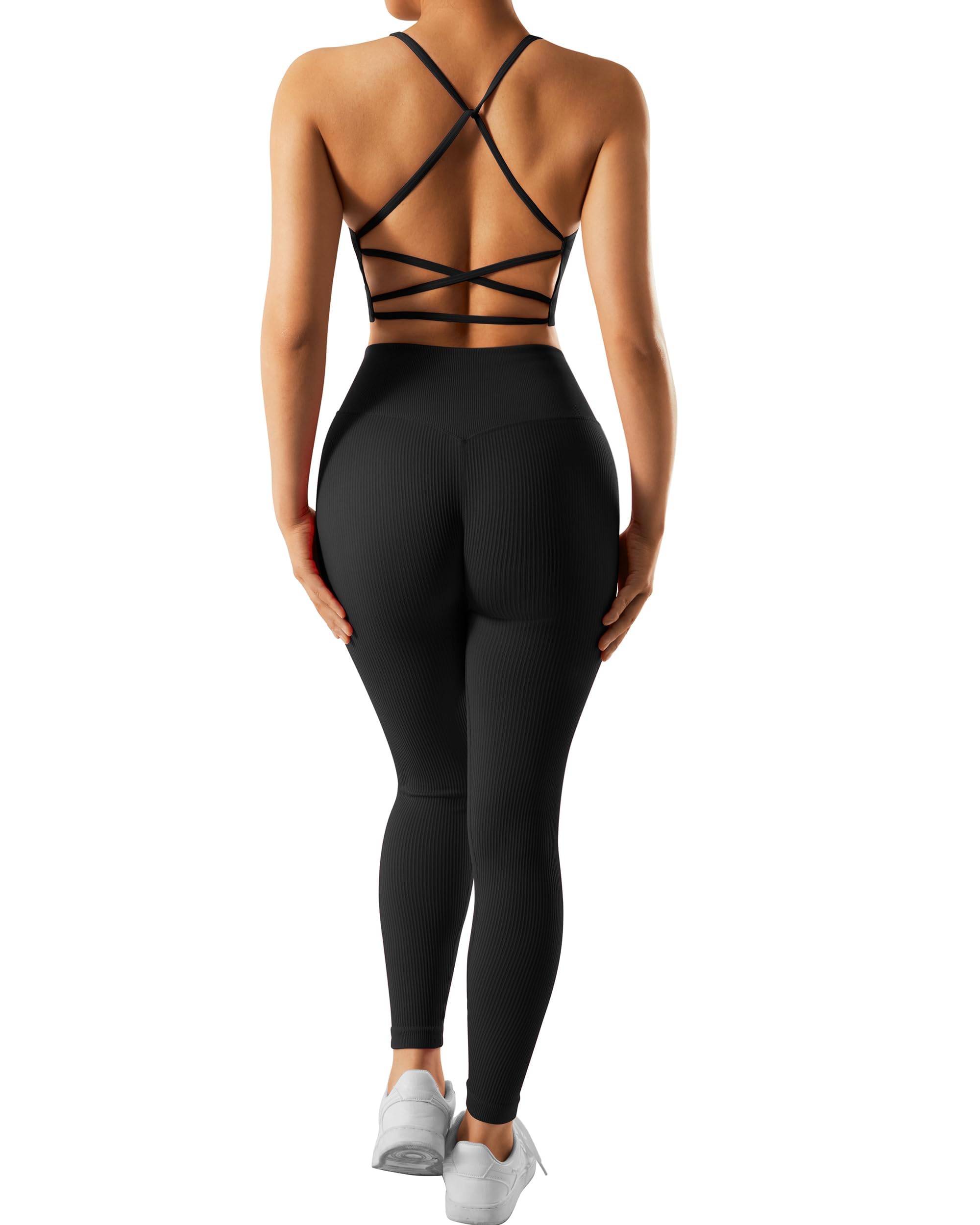 RXRXCOCO Conjunto de deporte acanalado para mujer, conjunto de entrenamiento para gimnasio, espalda descubierta, parte superior sin costuras, leggings para fitness