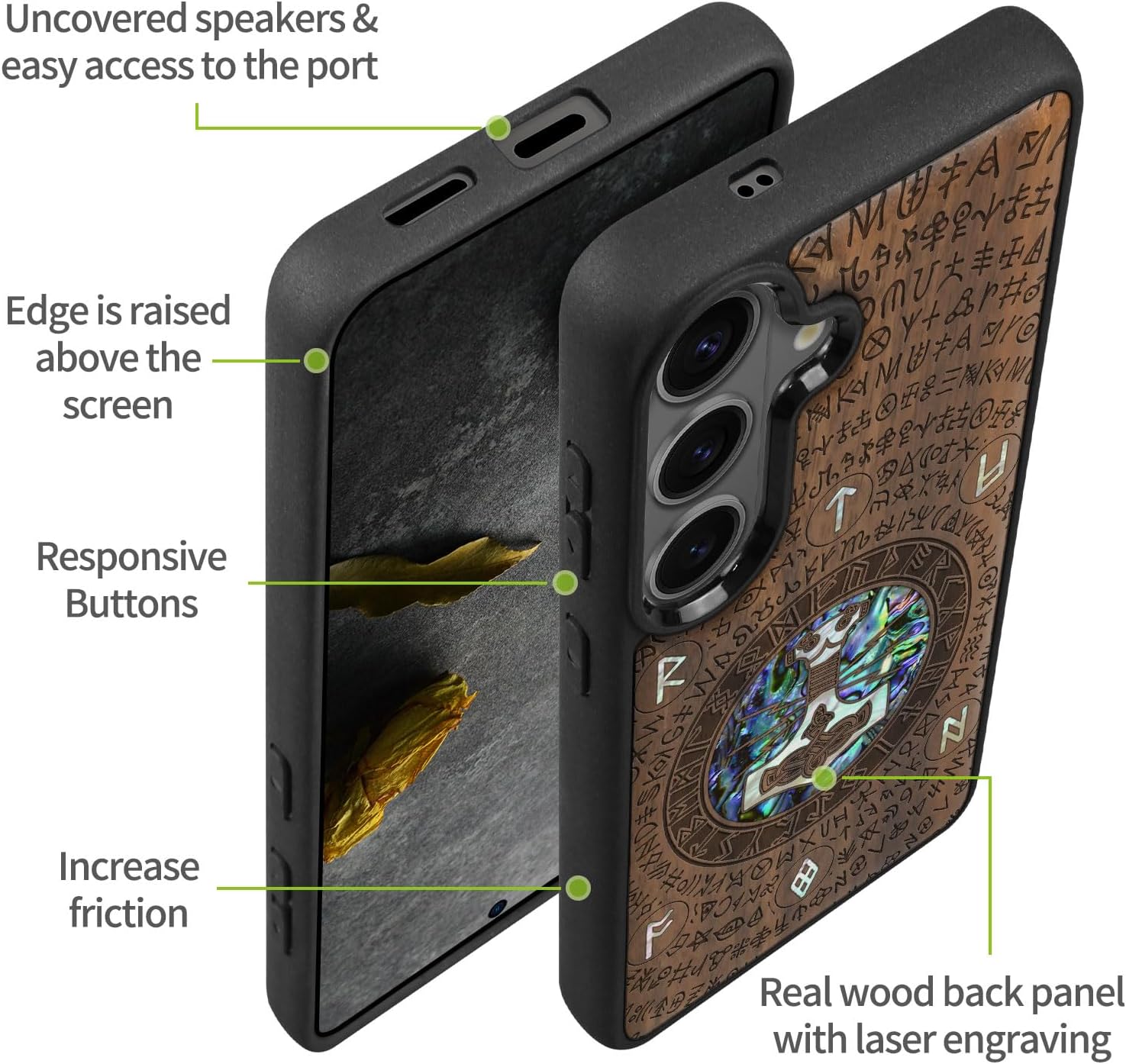 Carveit Magnetic Wooden Case for Samsung Galaxy S26 Case, Wood Artisan Engraved & Handmade Shell Inlaid, Compatible with MagSafe Wireless Chargers (Thors Hammer) Walnut