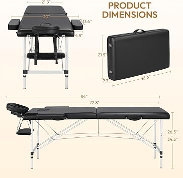 Yaheetech Portable Massage Table Foldable, Adjustable Salon Lash Bed, Black | Sturdy aluminum frame and cushioned PVC leather fold flat for easy carry, fast setup, and height adjustment at home or spa