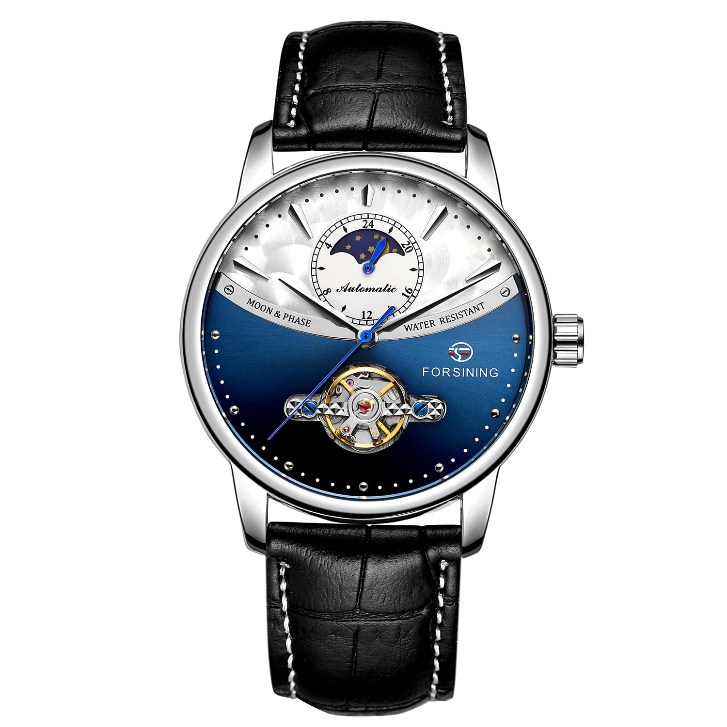 Tourbilion Moon Phase Automatic Mechanical Analog Black Leather Band Multicolor Dial Men's Watch - FSG8179