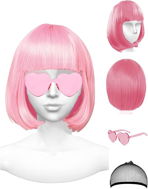 PLANTURECO Pink Wig and Party Sunglasses, Pink Wigs for Women, Pink Wig with Bangs, Light Pink Wig, Pink Bob Wig, Pink Cosplay Wigs and Party Wigs - Bachelorette Party Wigs Decorations Favors